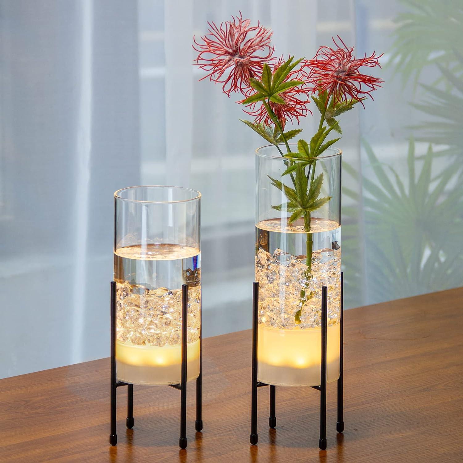 Clear Glass Vase Set with Black Stand and LED Lights