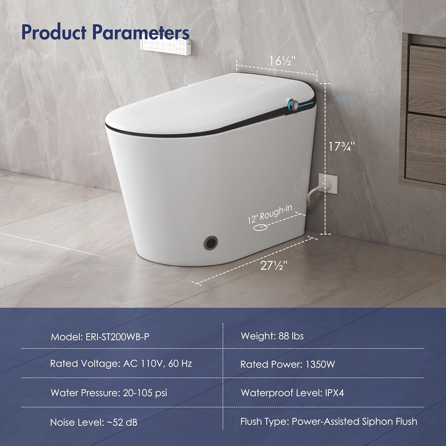 Elongated Smart Bidet Toilet with Heated Seat, Sensor-Activated Lid, Auto & Blackout Flush, Night Light (Remote Included)