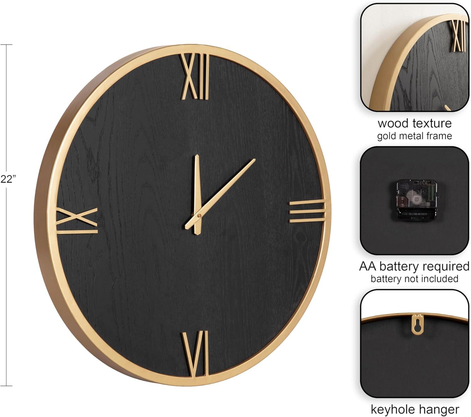 Kate and Laurel Pronte Modern Round Wood and Metal Wall Clock, 22 Inch Diameter, Black and Gold, Decorative Minimal Clock for Bedroom, Entryway, or Living Room Decor