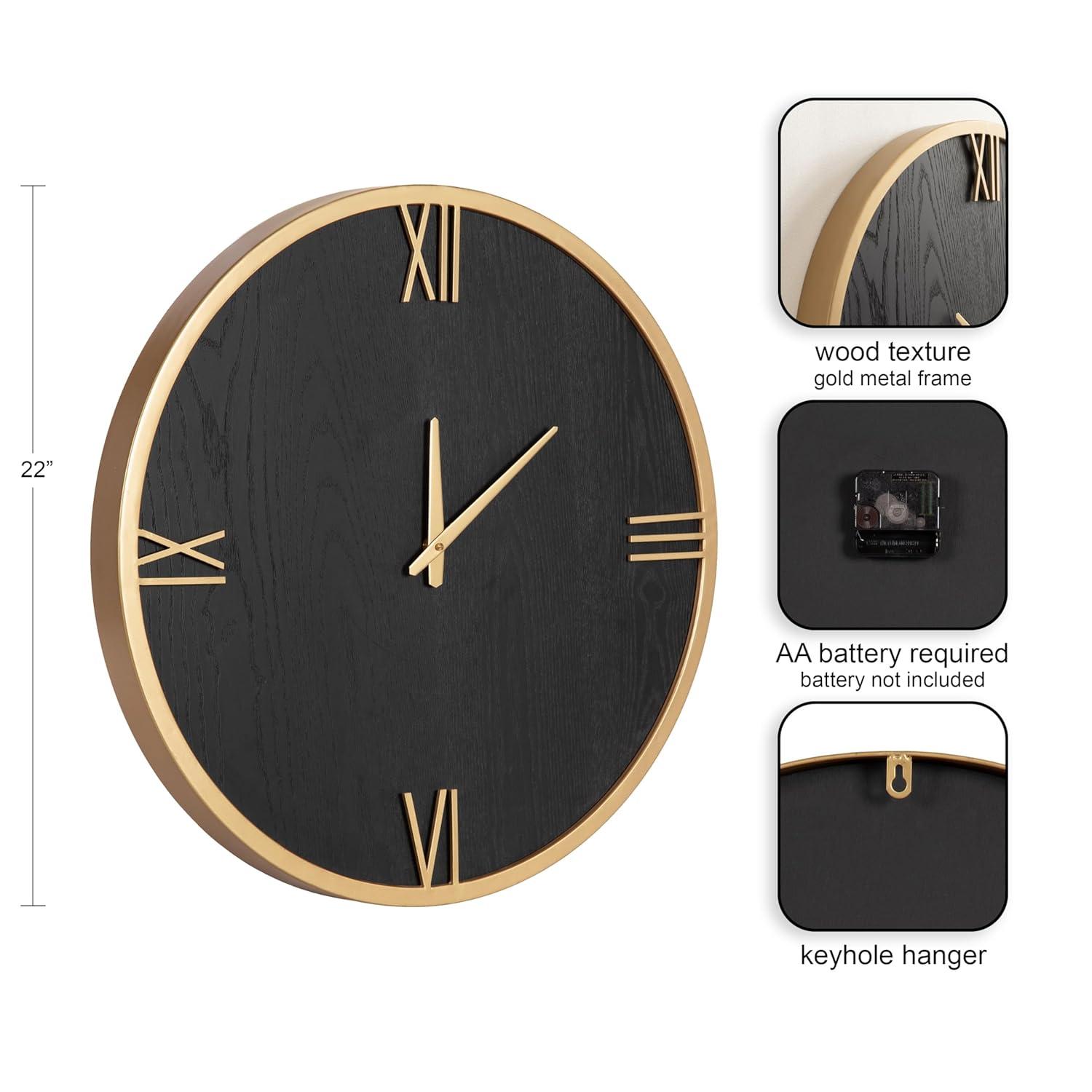 Kate and Laurel Pronte Modern Round Wood and Metal Wall Clock, 22 Inch Diameter, Black and Gold, Decorative Minimal Clock for Bedroom, Entryway, or Living Room Decor