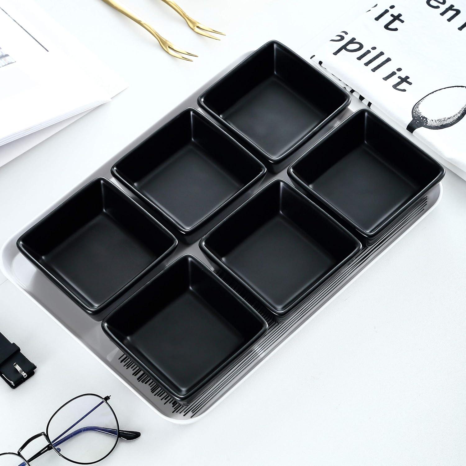 Bruntmor Black Ceramic Square Baking Ramekins For Soufflé, Crème Brulee, Jams, Dipping Sauces, French Onion Soup Oven Safe, Appetizer Sauce Dipping Bowls, (4 Oz, Set Of 6)
