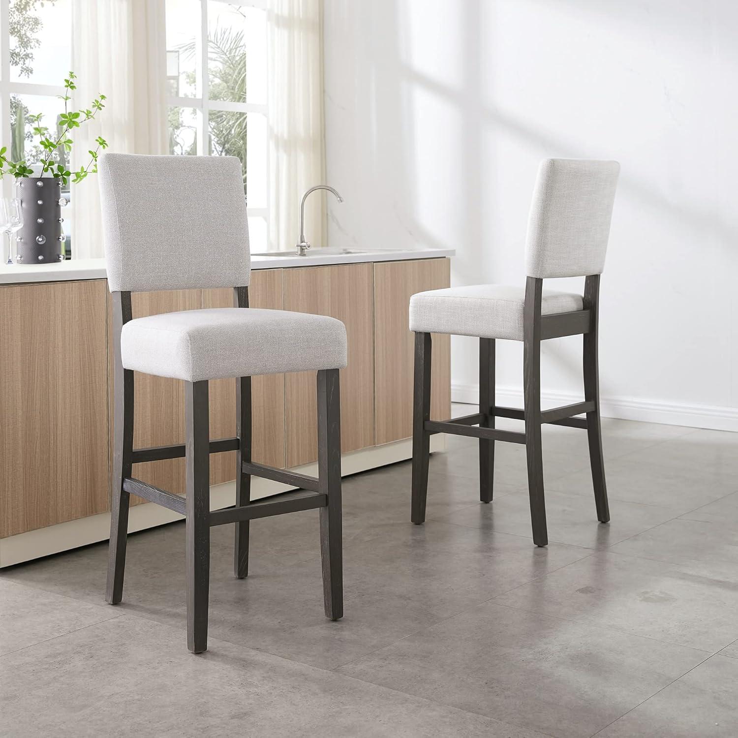 Leick Home 10087-BBHG Upholstered Back Bar Height Stool with Wood Base, Set of 2, for Elevated Kitchen Counters, High Top Tables, and Bars, Blackbean and Heather Gray