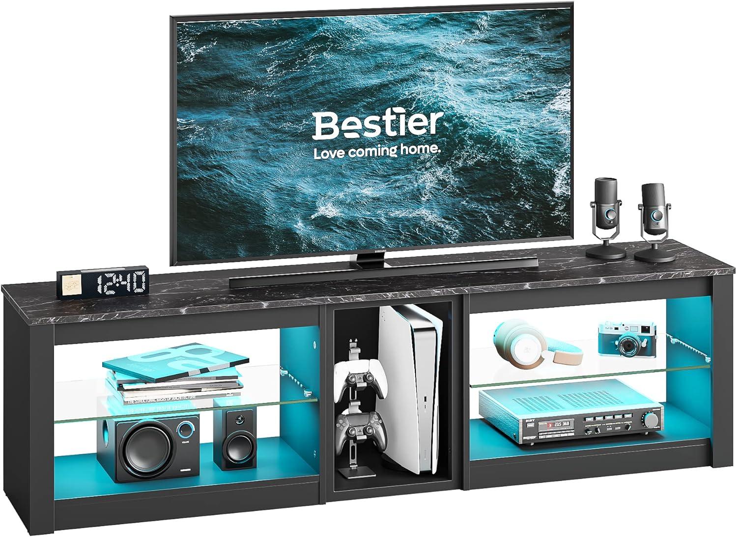 Bestier TV Stand for TVs up to 70" with LED Light, Entertainment Center for PS5 with Shelves, Black Marble