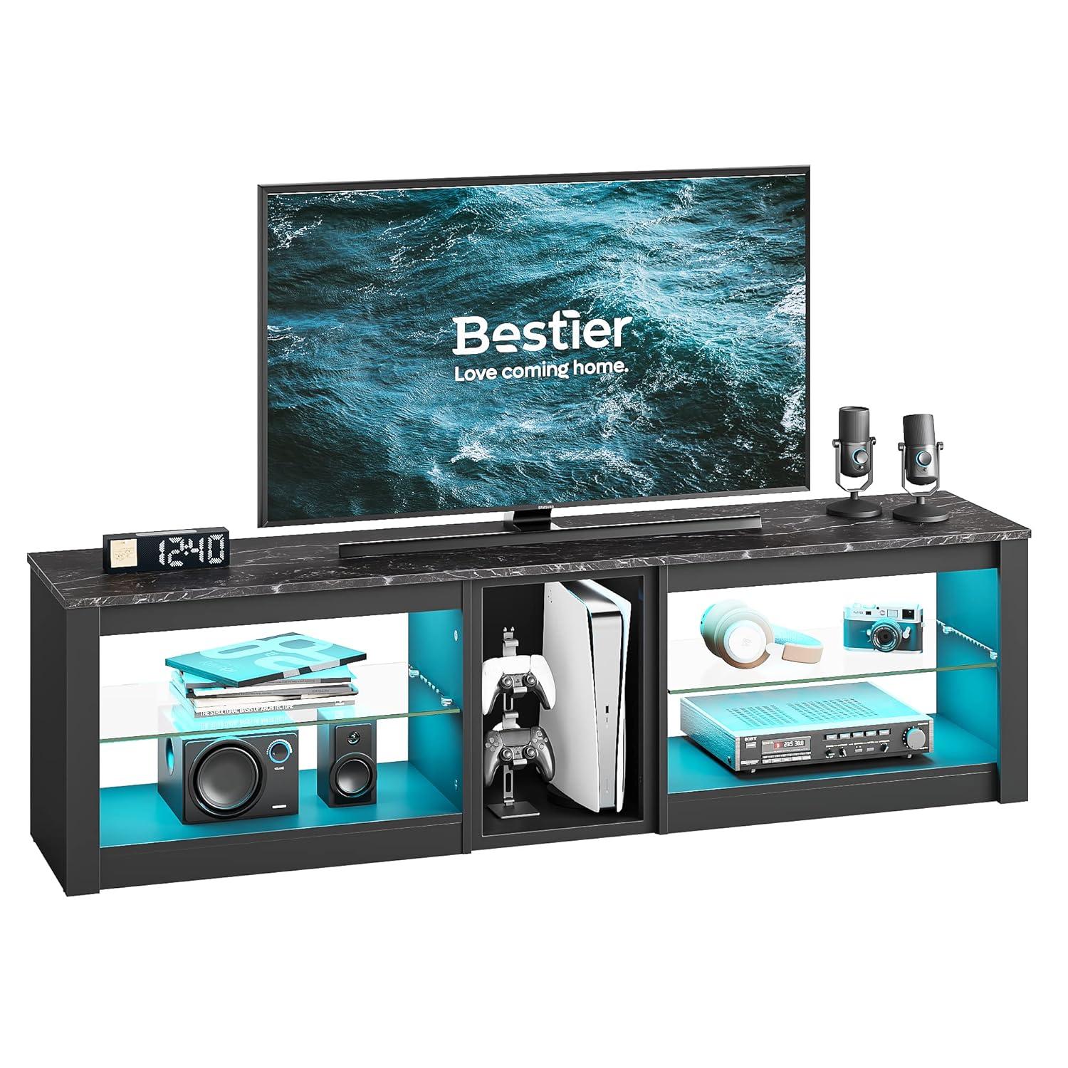 Bestier TV Stand for TVs up to 70" with LED Light, Entertainment Center for PS5 with Shelves, Black Marble
