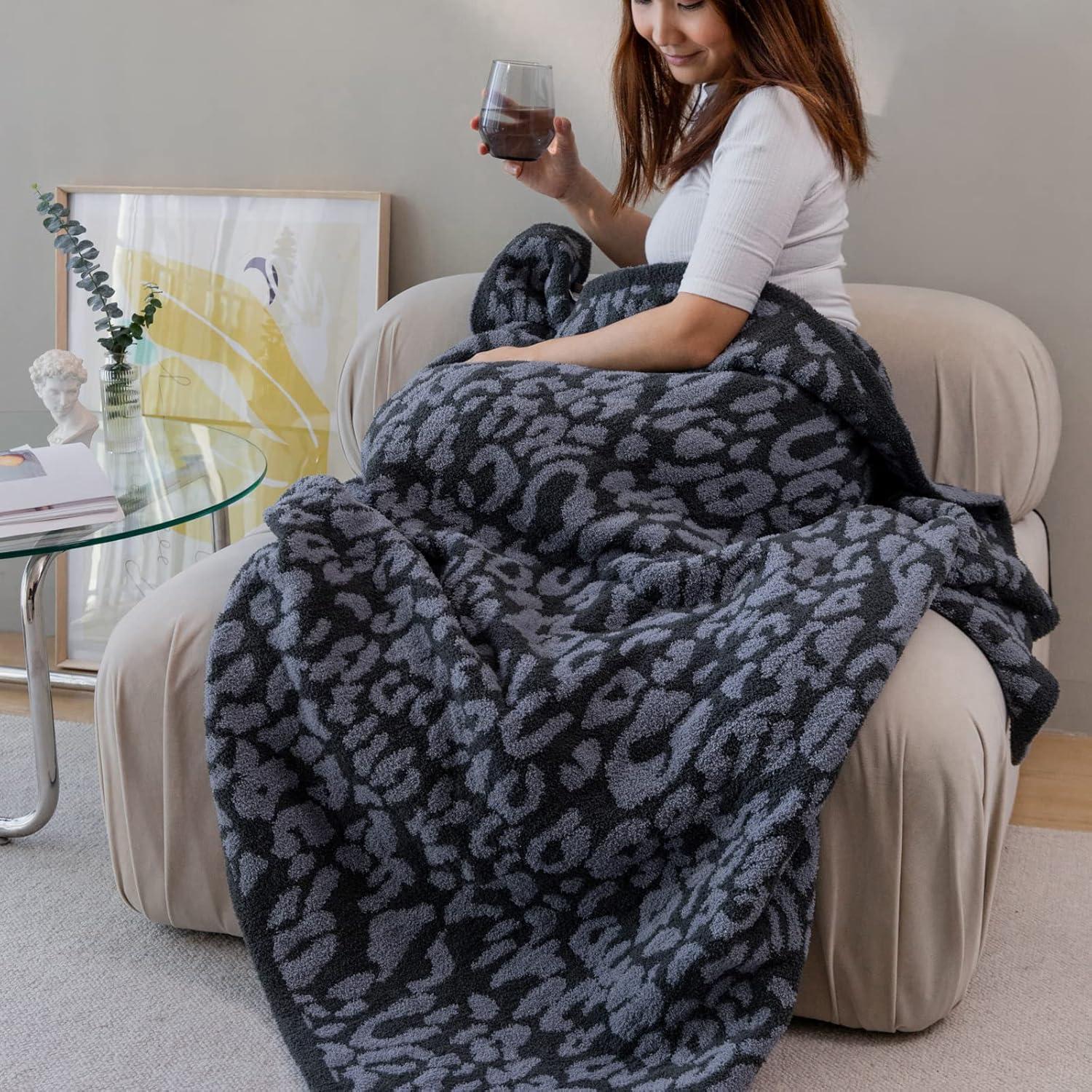 Ultra Soft Dark Blue and Charcoal Grey Reversible Leopard Print Throw Blanket