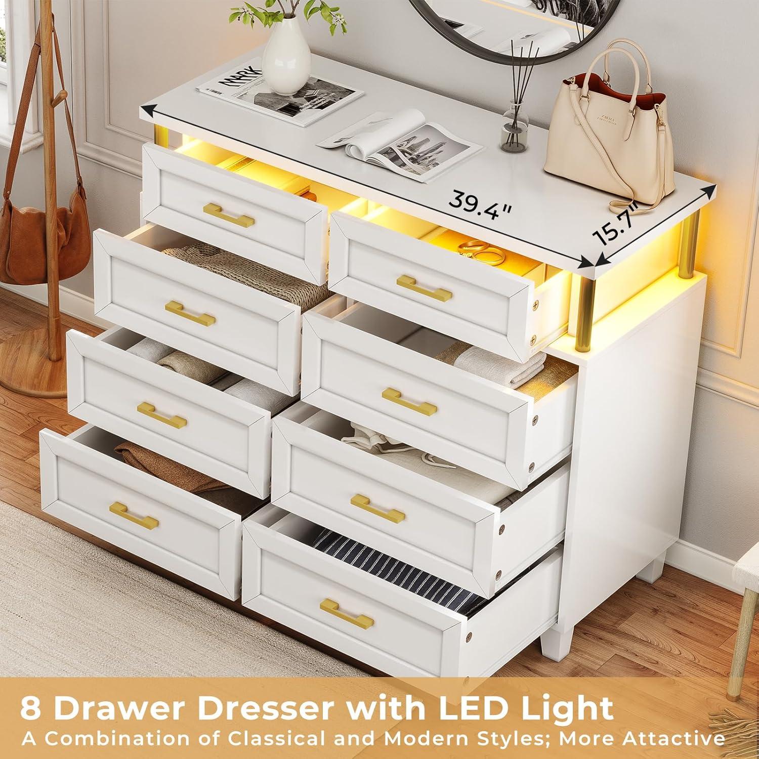 Afuhokles 8 Drawer Dresser for Bedroom, Chest of Drawers with LED Light, Tall Wide Dresser for Storage and Organization, White