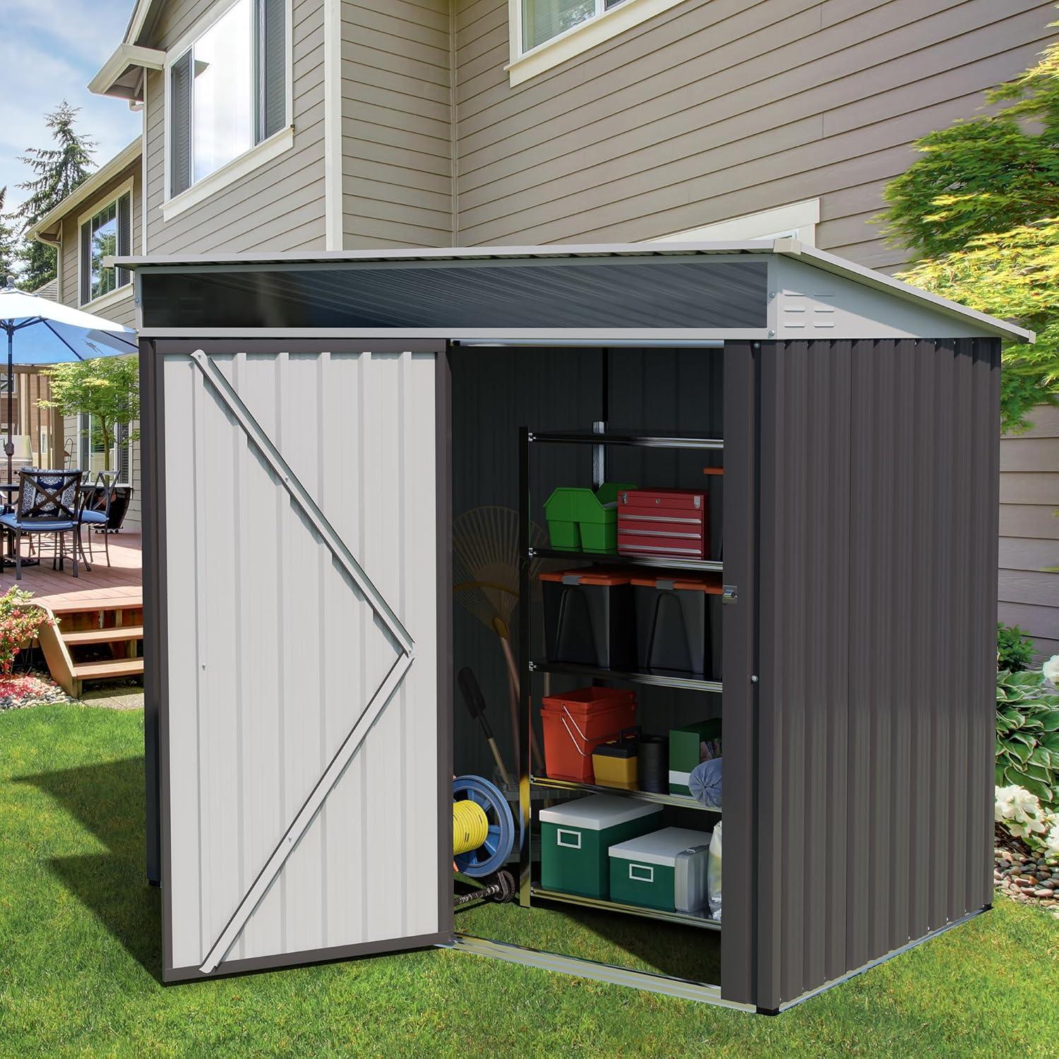 Futzca  6 x 4 x 6 FT Outdoor Metal Tool Shed Clearance with Lockable Door, Waterproof (Grey) - N/A 6x4x6 FT /Grey