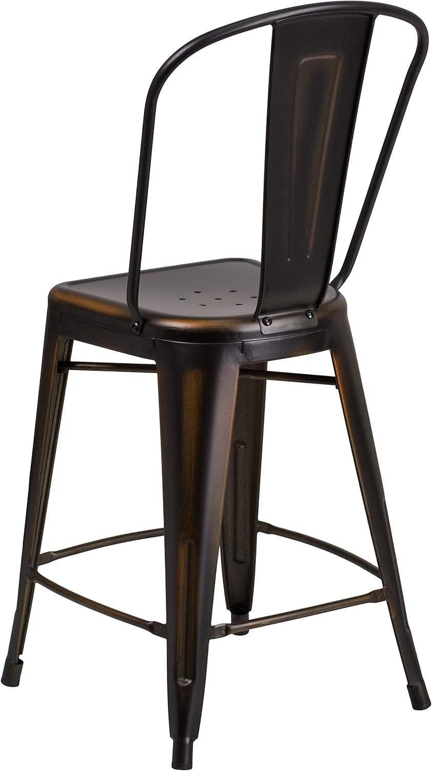 Flash Furniture Commercial Grade 24" High Distressed Metal Indoor-Outdoor Counter Height Stool with Back