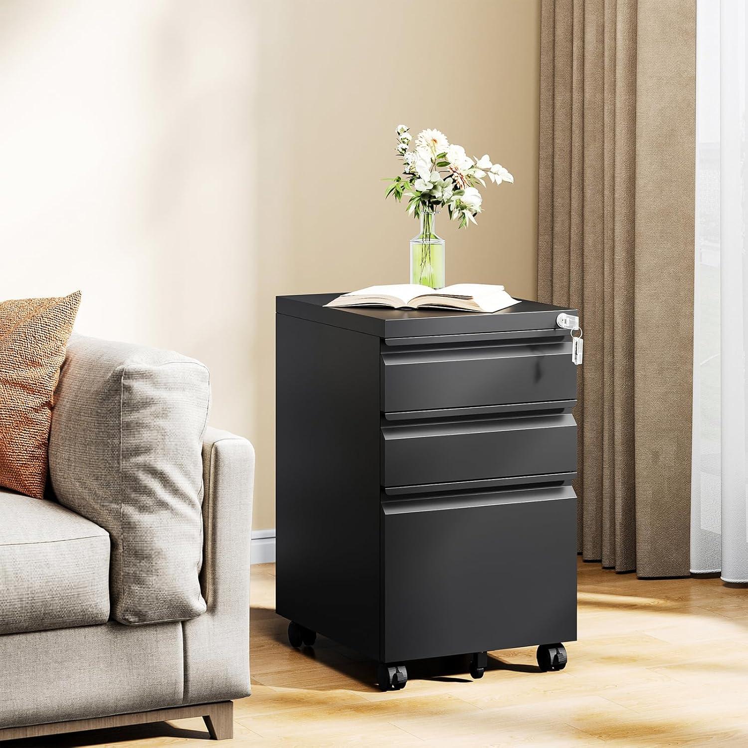 MIIIKO File Cabinet 3 Drawers on Wheels Under Desk, Black Metal Rolling File Cabinets with Lock for Home Office, Un-Assembled Filing Cabinet with Lock