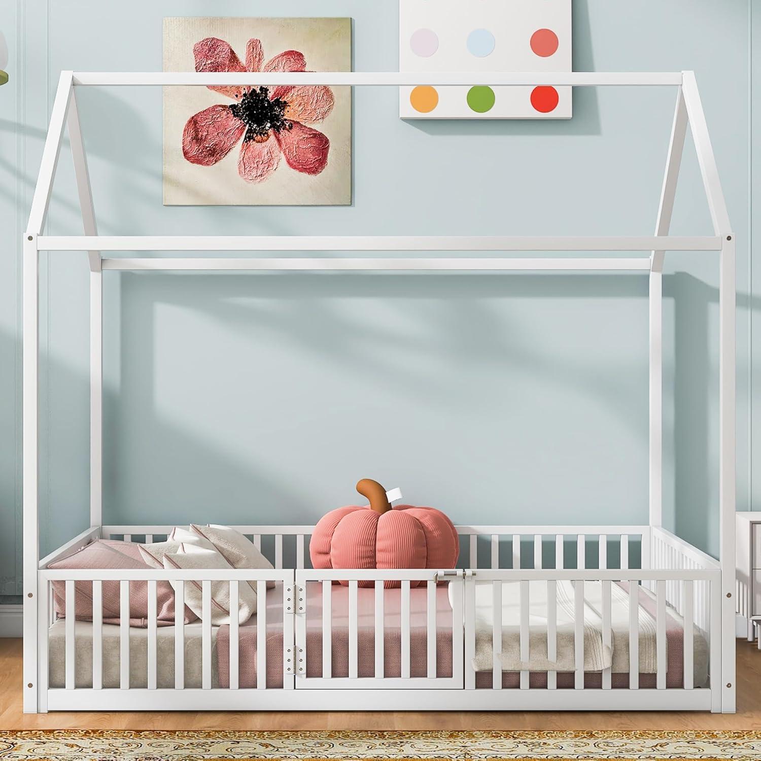 Bellemave Full Size Montessori House Bed for Kids, Metal Floor Beds with Fence Railings & Door, Twin Playhouse Bed for Boys Girls, Box Spring Needed, White