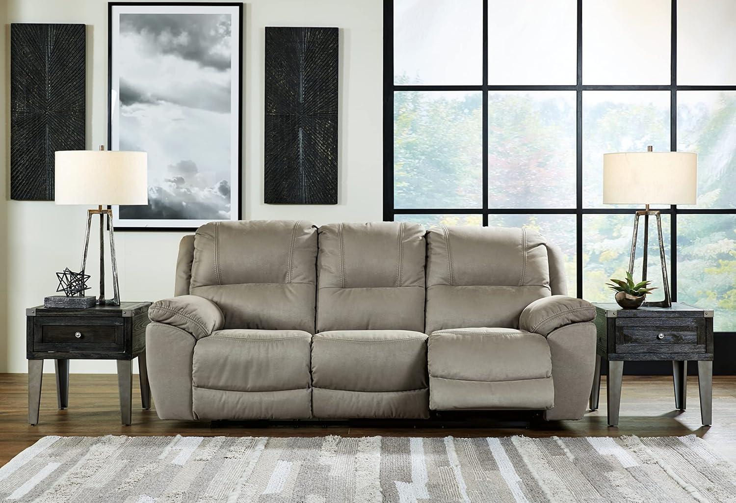 Putty Gray Tufted Faux Leather Reclining Sofa with Pillow-top Arms