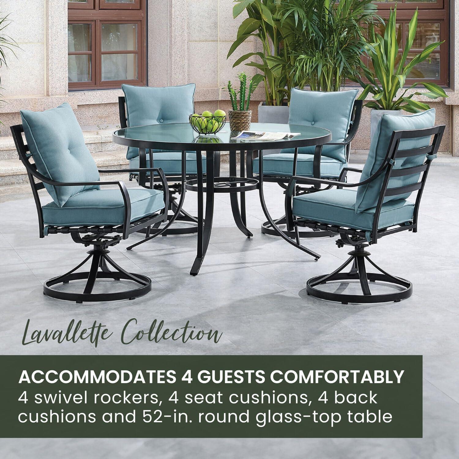 Hanover Lavallette 5-Piece Modern Outdoor Dining Set | 4 UV Protected Cushioned Swivel Rocker Chairs | 42'' Square Glass-Top Table | Weather Resistant Frame | Silver | LAVDN5PCSW-SLV