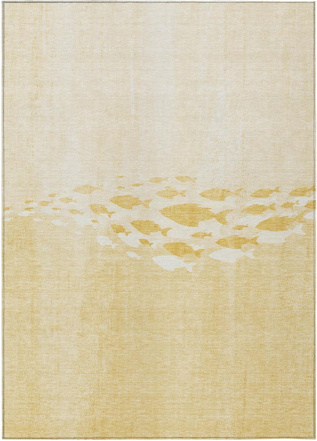 Gold and Beige Rectangular Washable Synthetic Rug