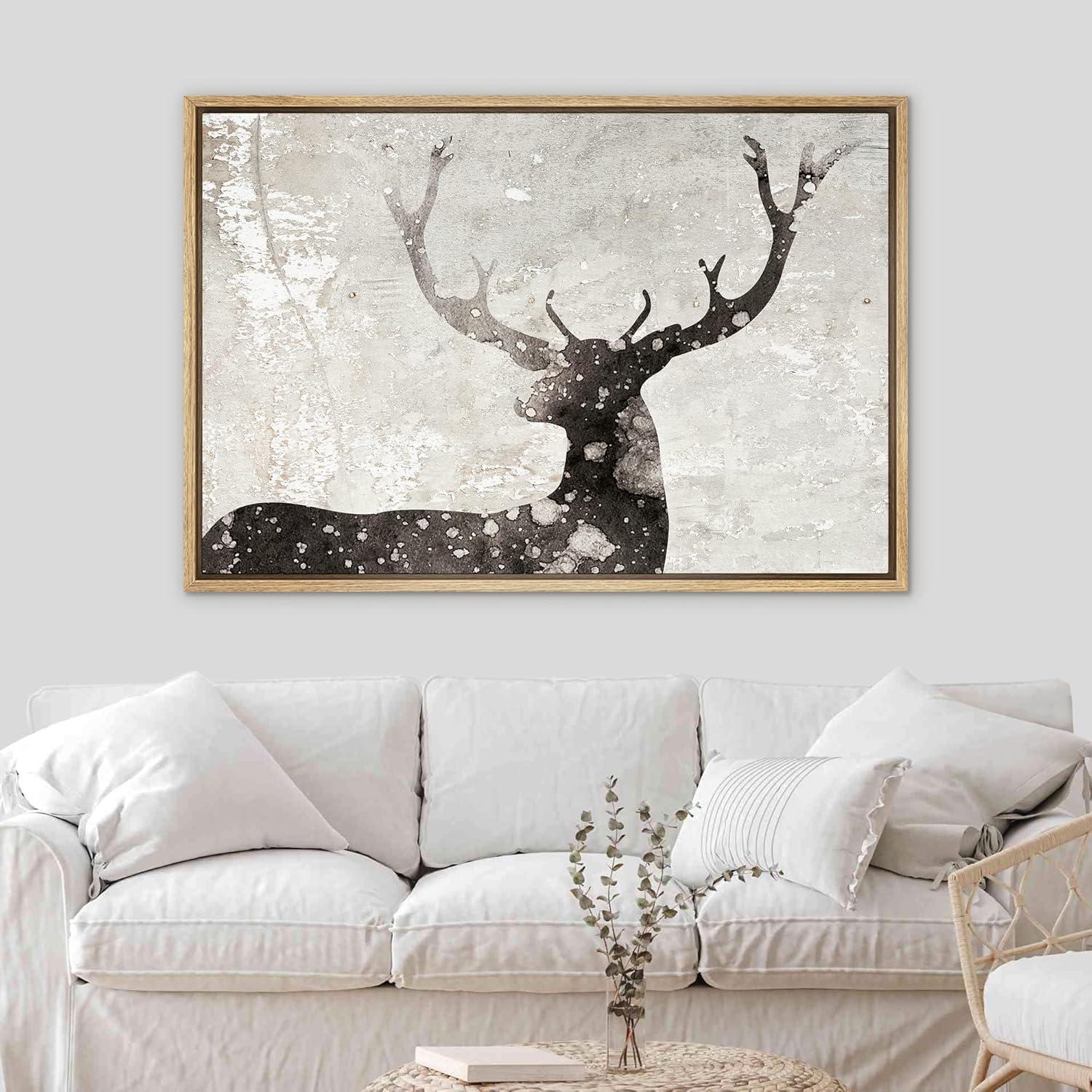 Natural Wood Framed Black and White Deer Canvas Print