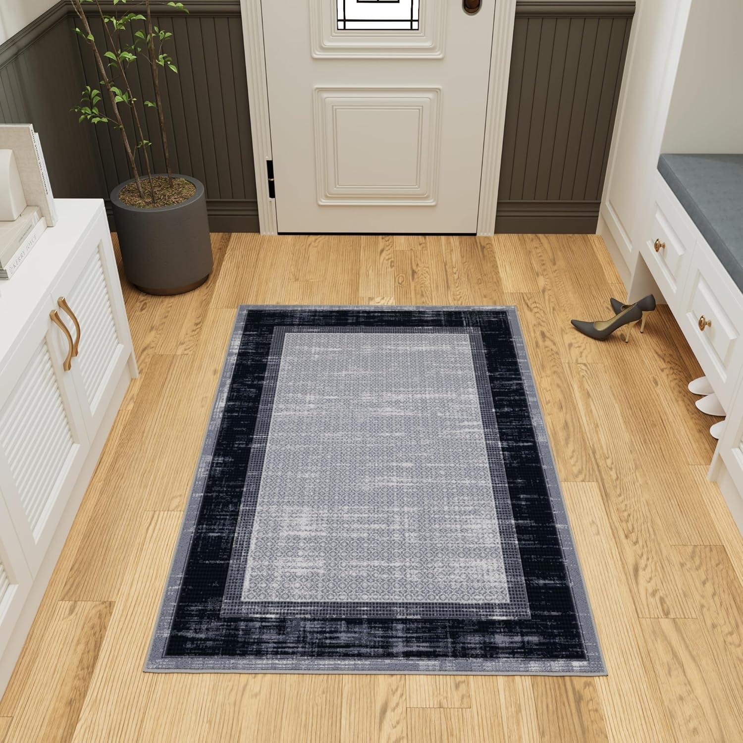 Non-Slip Bordered Area Rug For Living Room, Hallway Runner, Entryway Rug