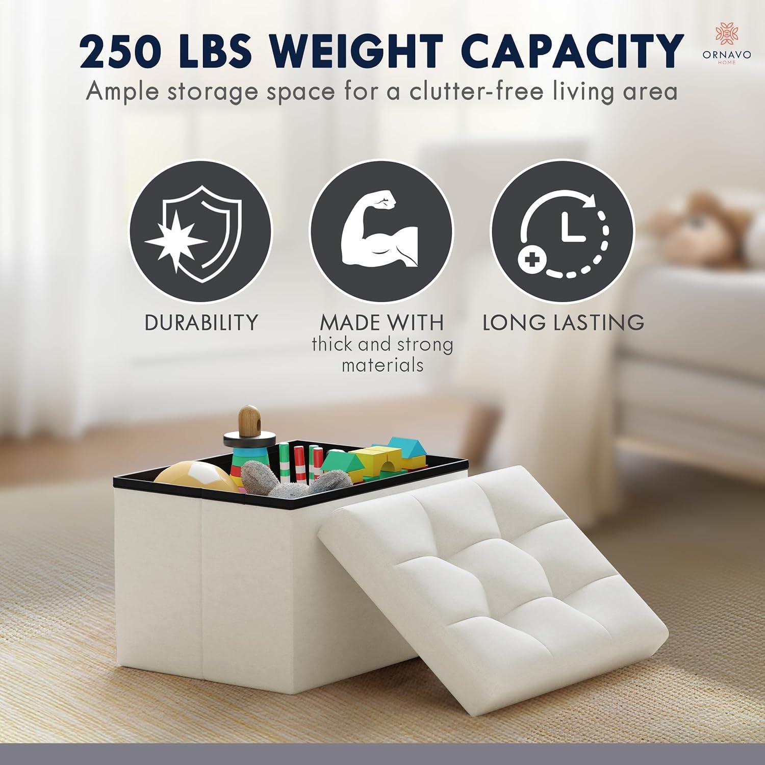 Small White Tufted Linen Foldable Storage Ottoman