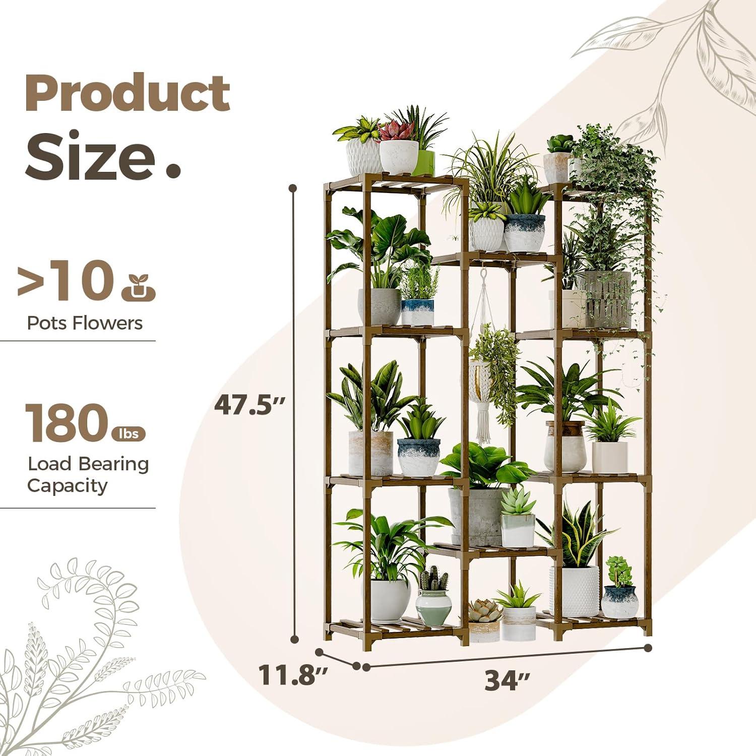 Bamworld Plant Stand Indoor Outdoor Tall Plant Shelf for Multiple Plants Pots Wood Flower Stand Large Flower Holder for Living Room, Patio, Balcony, Garden Decor, Brown