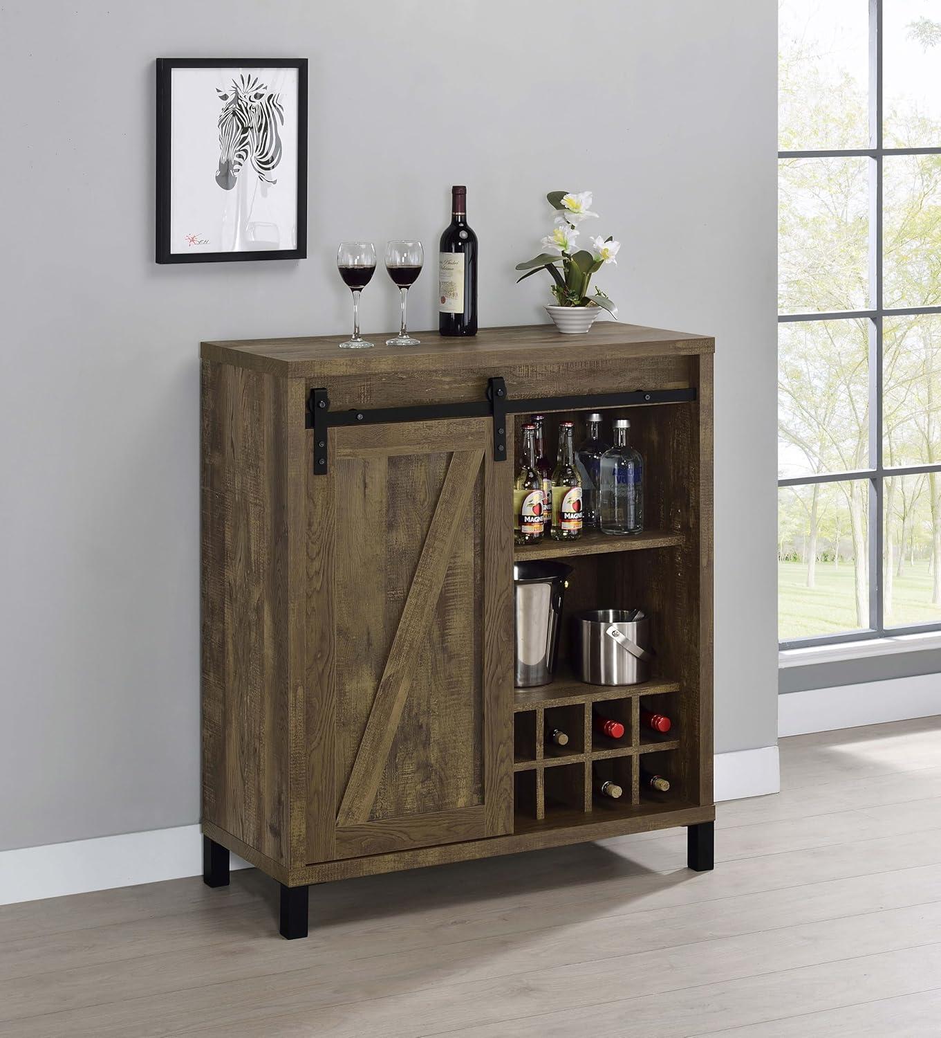 Coaster Farmhouse Wood 2-Shelf Bar Cabinet with Sliding Door in Oak