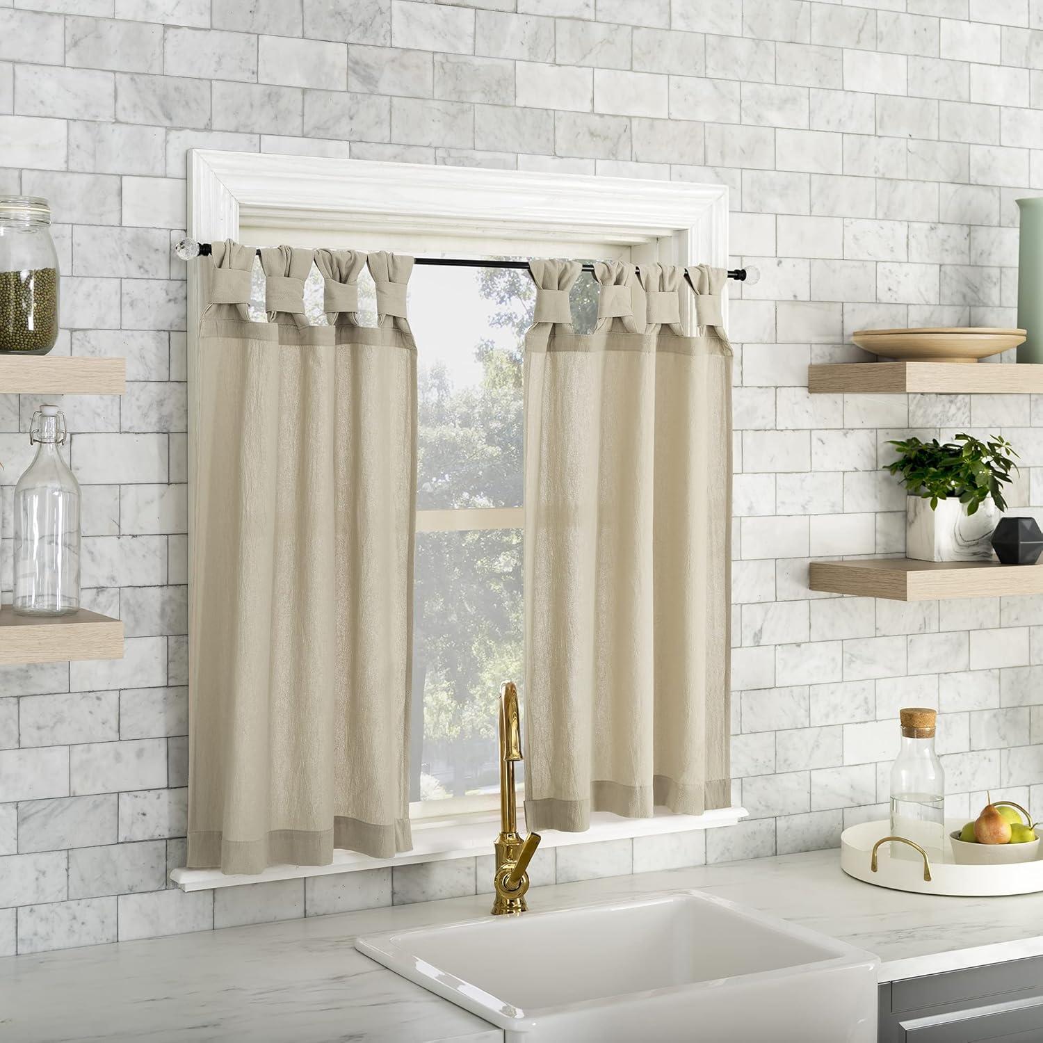 2pc 52"x45" Archaeo Washed Cotton Twist Tab Cafe Curtain Tier Pair Oatmeal: Kitchen Curtains, 45 Inch Long, Solid Beige