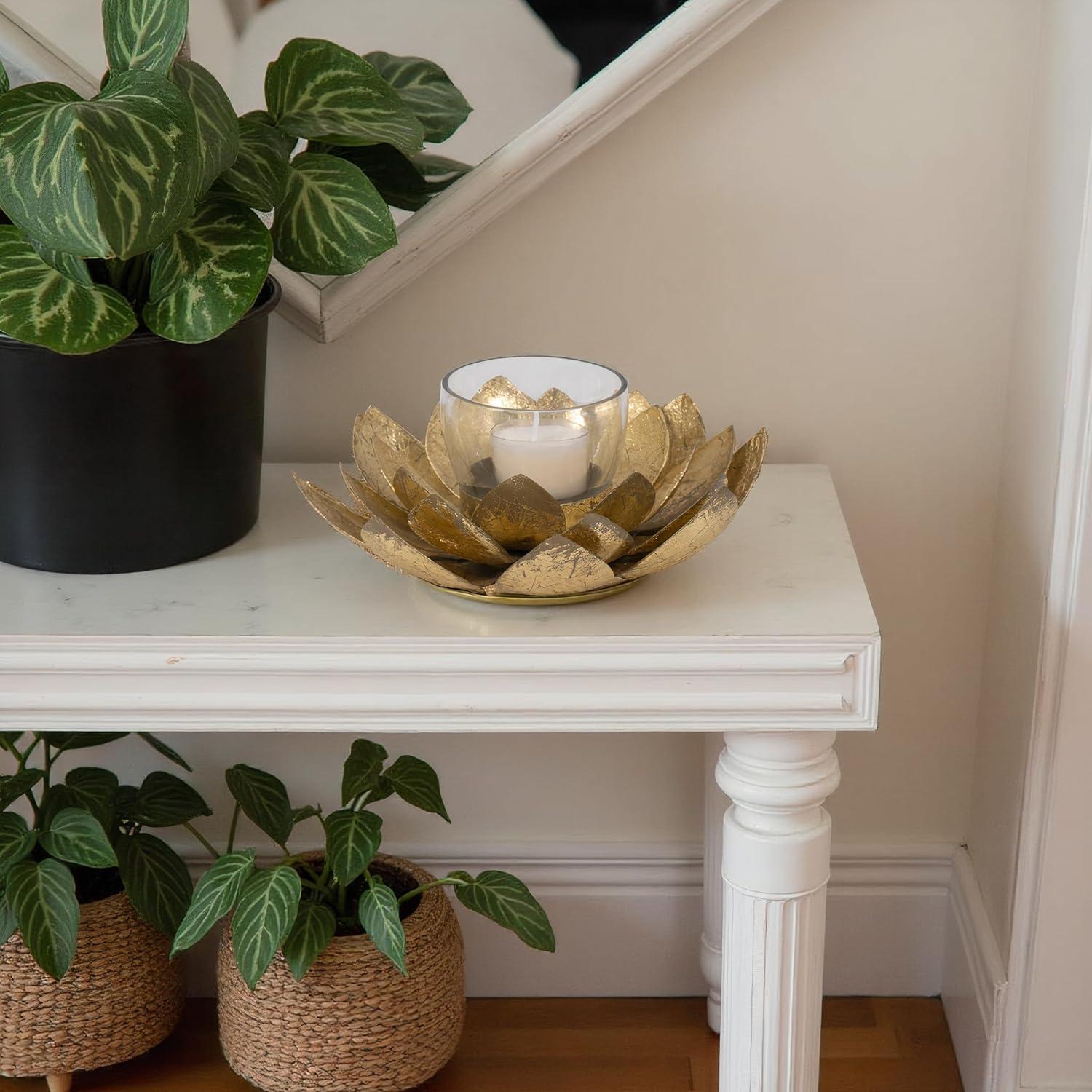 Sagebrook Home 8" Lotus Candle Holder - Contemporary Gold Metal Decorative Votive Candle Holder for Home or Event Decor - Decorative Lotus Candle