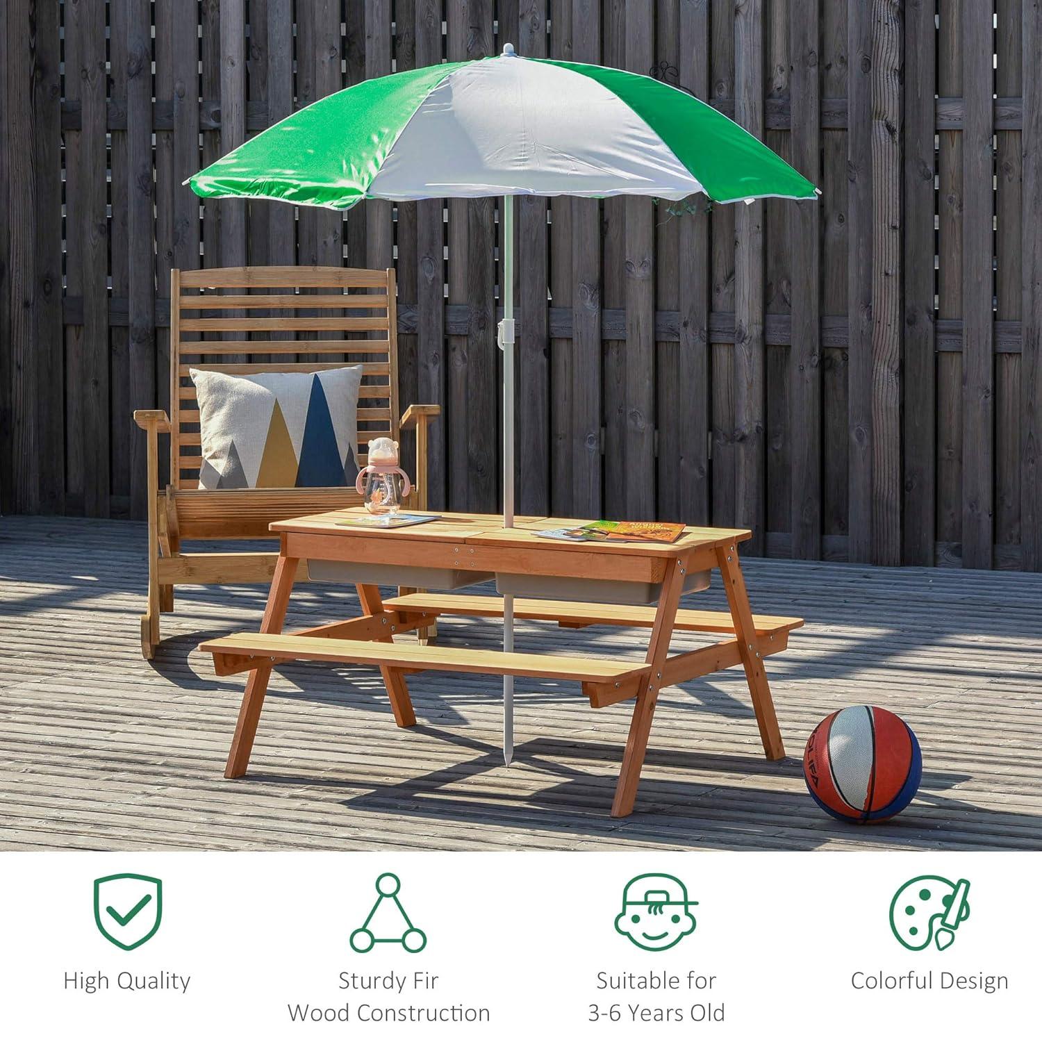 Outsunny Kids Sand & Water Activity Table, Picnic Table Set Wooden Bench with Sandbox Removable & Height Adjustable Umbrella for Outdoor Garden Patio
