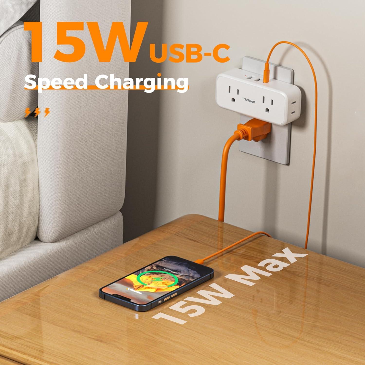 Outlet Extender Surge Protector, TESSAN Multi Wall Plug with 4 AC Electrical Outlets, 3 Sided Multiple Plug Expander, 1875W Max, Power Splitter 3 Prong Adapter for Home Bathroom Office Dorm Room