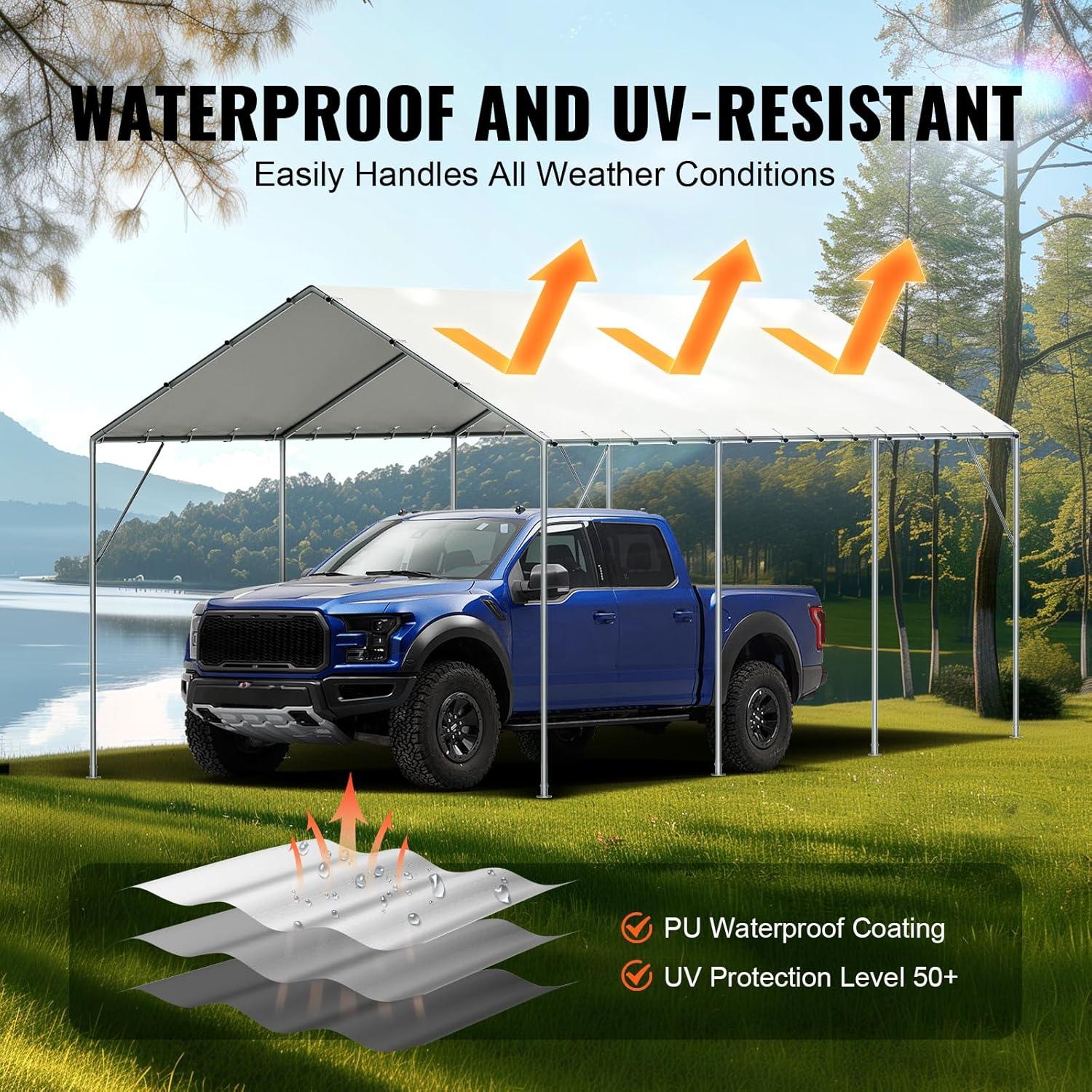 VEVOR 10 x 20 ft Carport Replacement Canopy Cover, Heavy-Duty Waterproof & UV Protected Shelter Tarp, Easy Installation with 40 Ball Bungees (Top Cover Only, Frame Not Included) - White