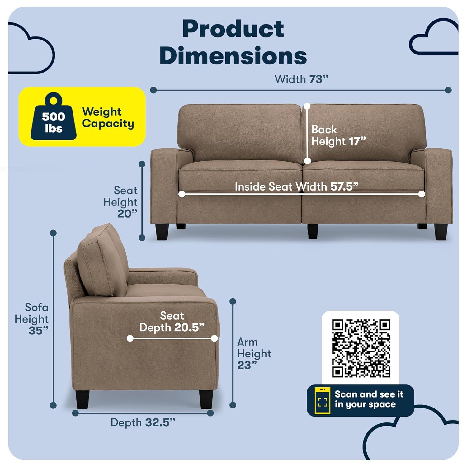 Serta Palisades 73" Track Arm Sofa, Easy Care Fabric, Soft Pillow Back, Pocket Coil Seat Cushions