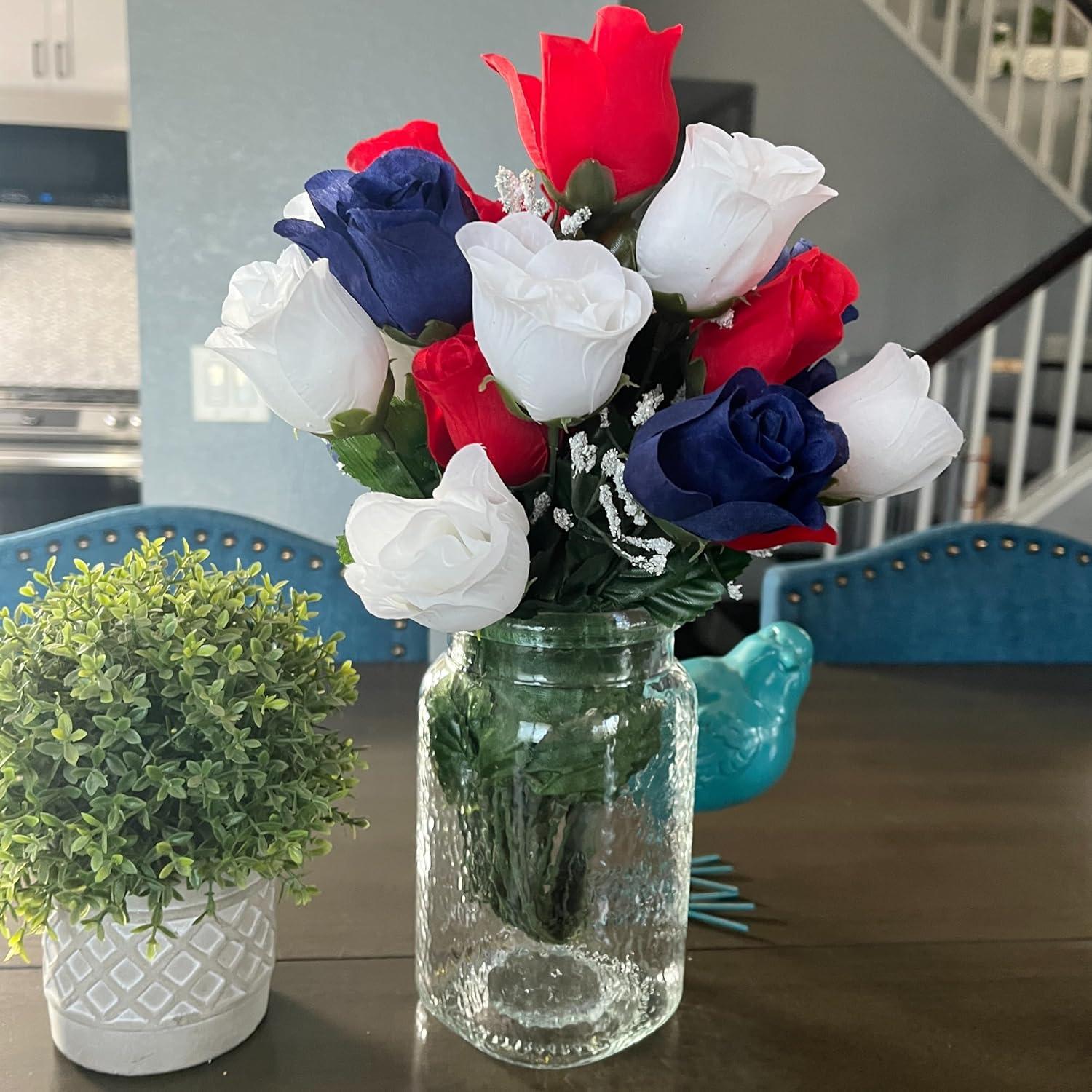 Admired By Nature 14 Stems of Blossoms Rose Flower Bush, Red/White/Blue