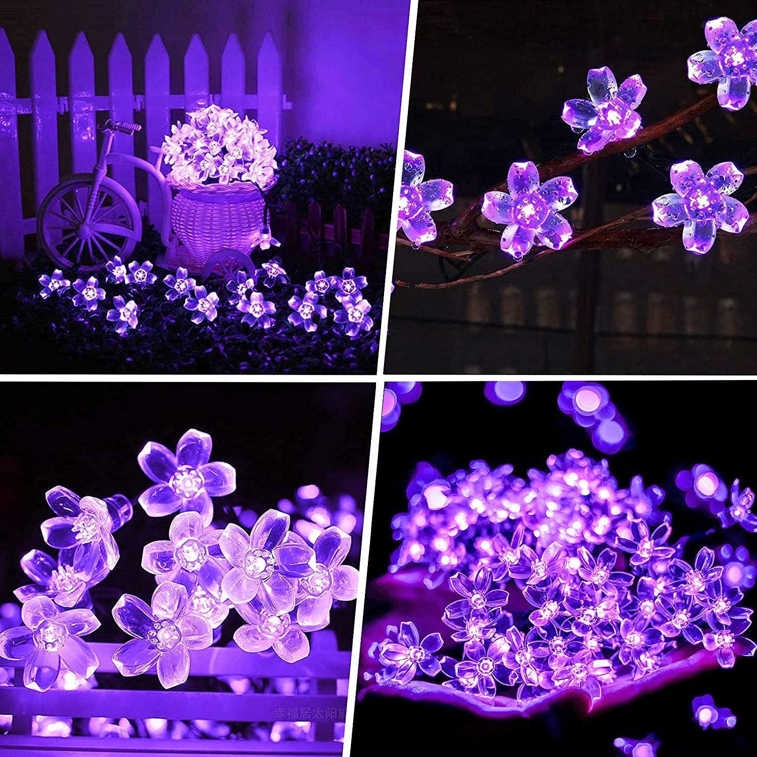 KOMI 2 Pack Purple Solar Flower String Lights, Each 30.6FT 50 LED Solar Powered Christmas Lights Outdoor Waterproof, 8 Modes Solar Halloween Lights for Garden Yard Patio Tree Halloween Decoration