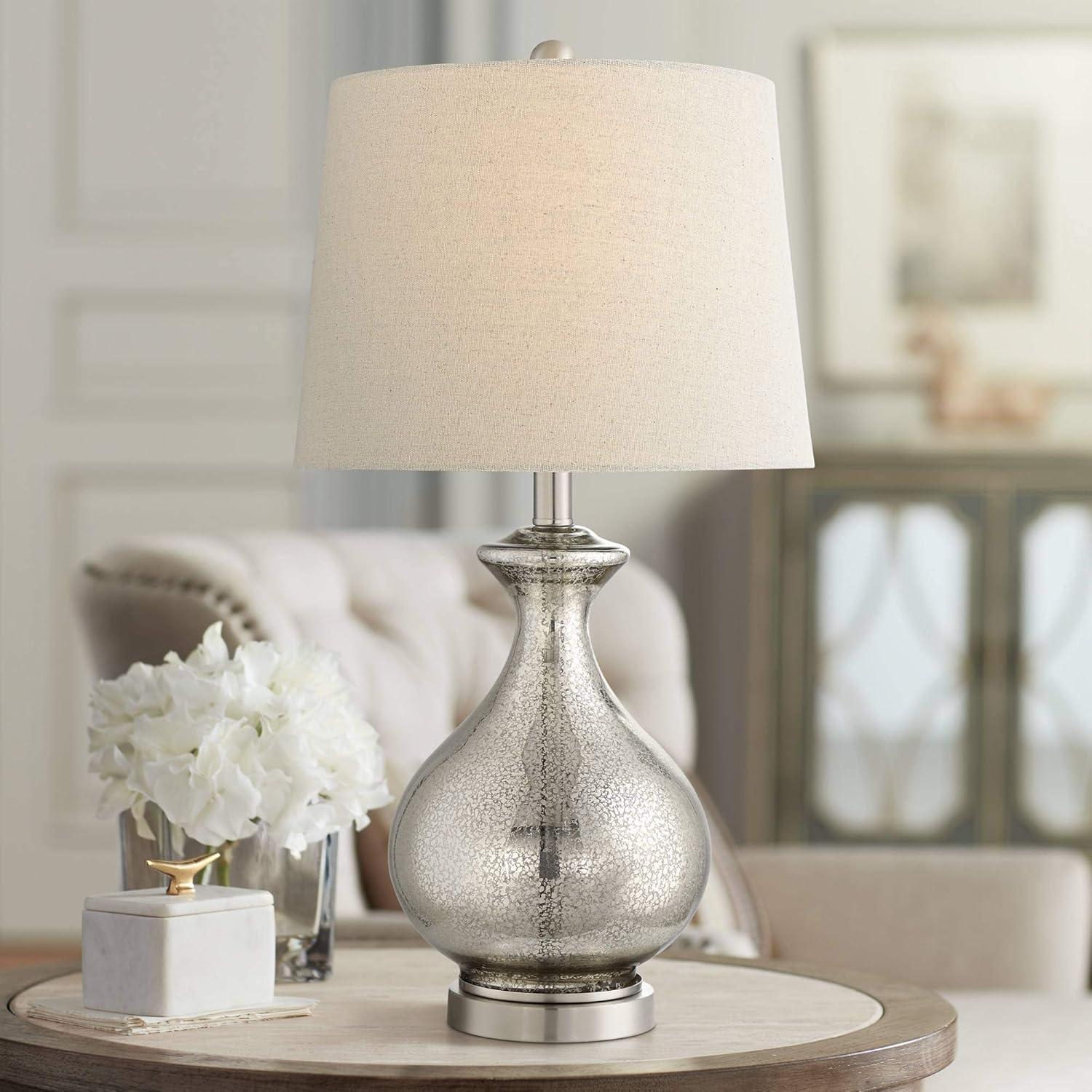 Mercury Glass Gourd Table Lamp with Oatmeal Shade