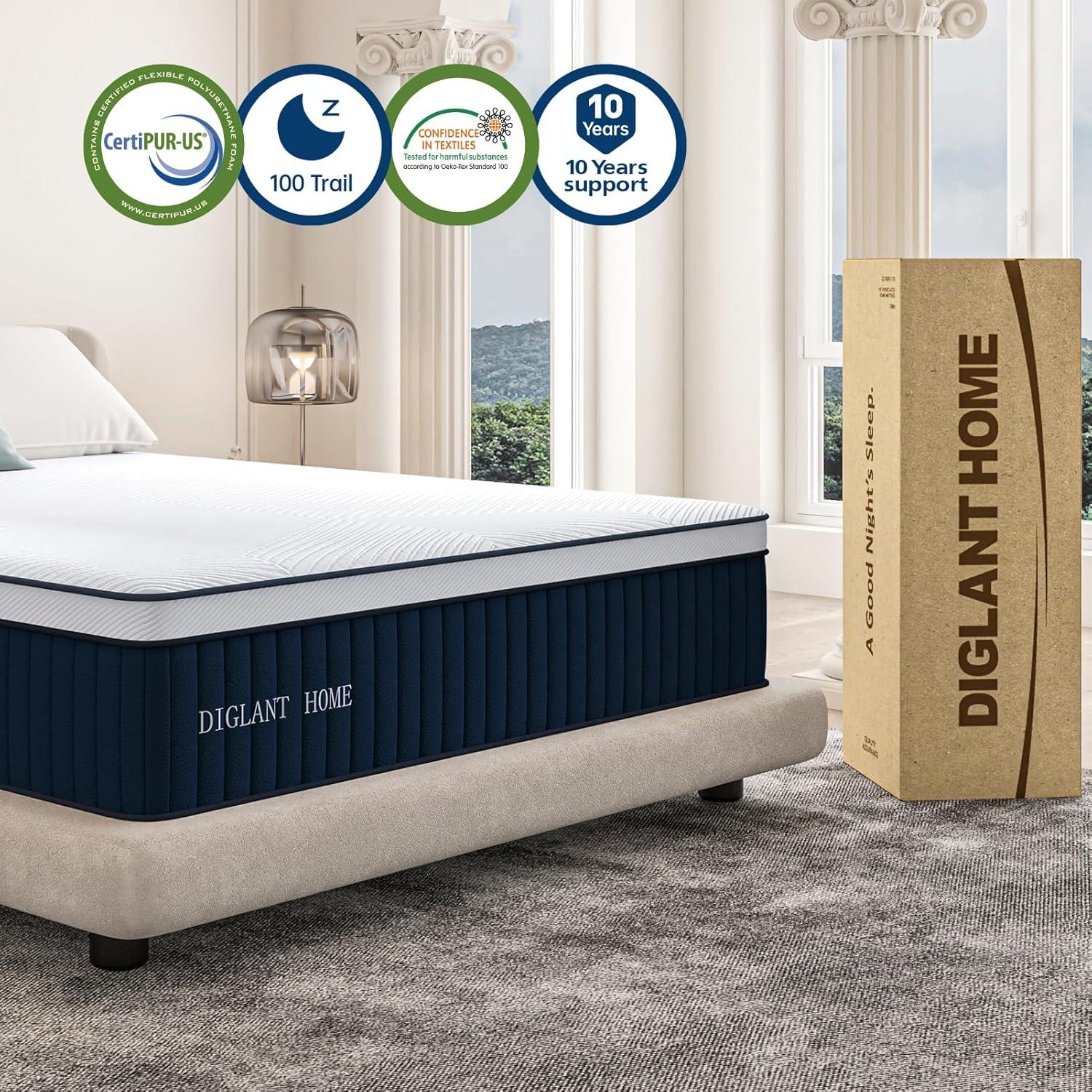 DIGLANT King Mattress, 14Inch Medium Plush Supportive Memory Foam Hybrid Mattress,  7-Zone Individual Pocket Springs King Size Mattress in a Box, CertiPUR-US Certified