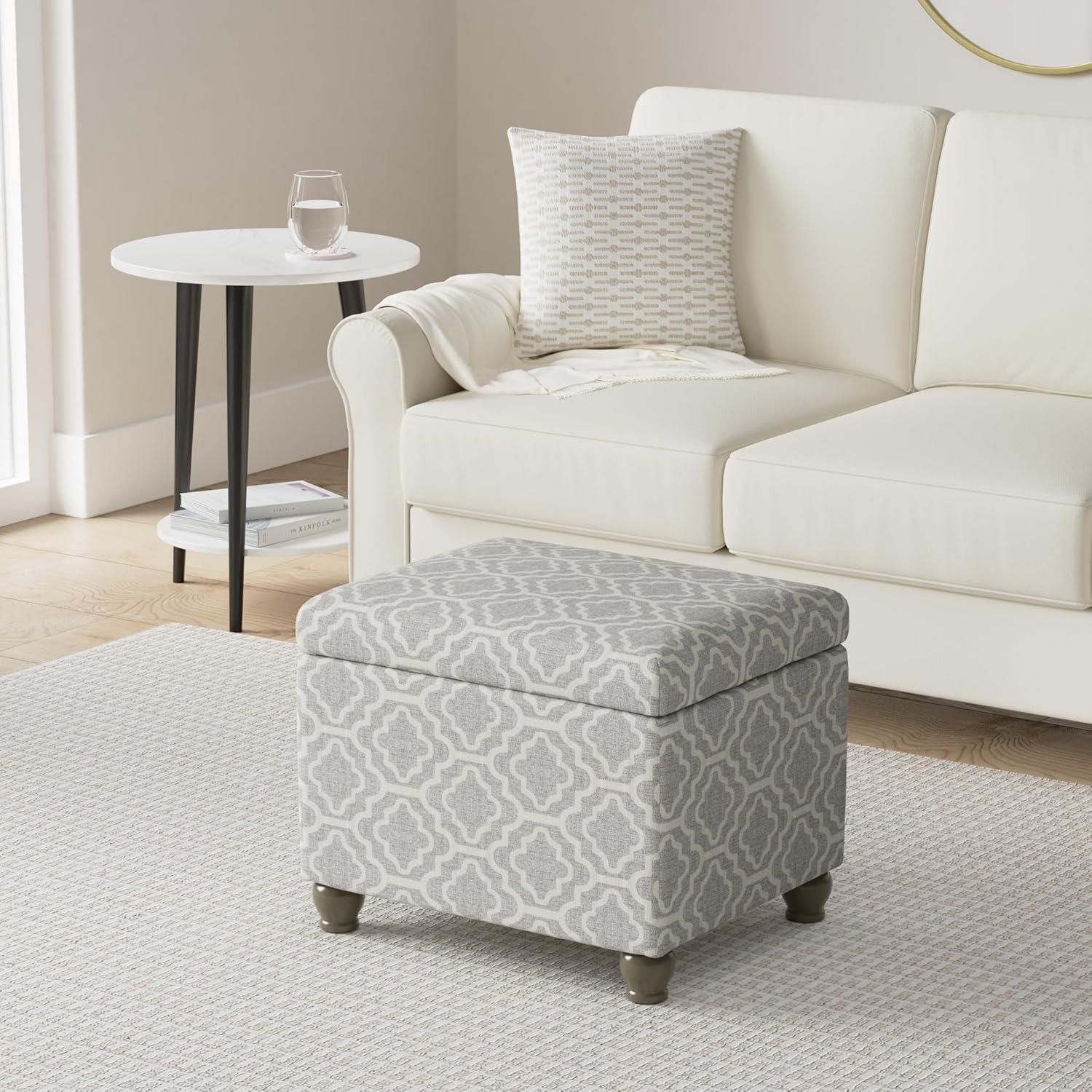 HomePop Medium Storage Ottoman Geometric Ash Gray: Upholstered Footstool with Rubberwood Legs