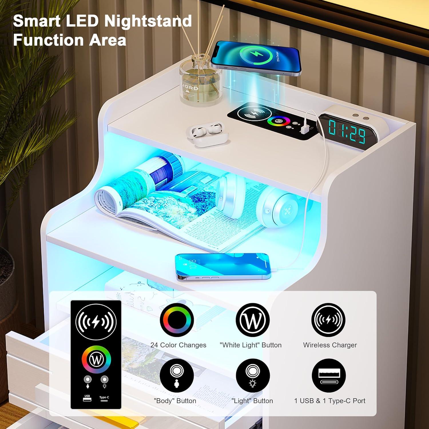 HNEBC Smart LED Nightstand with Wireless Charging & USB Ports, High Glossy Night Stand with 3 Drawers and 1 Pull-Out Tray, Modern Bedside Table with Human Sensor for Bedroom (White)