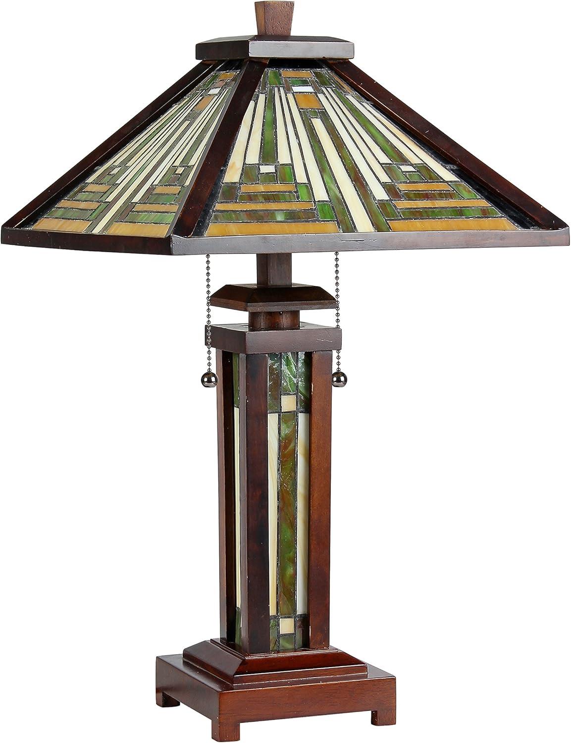 15 Inch Wooden Frame Table Lamp with Tiffany Style Glass Shade, Multicolor