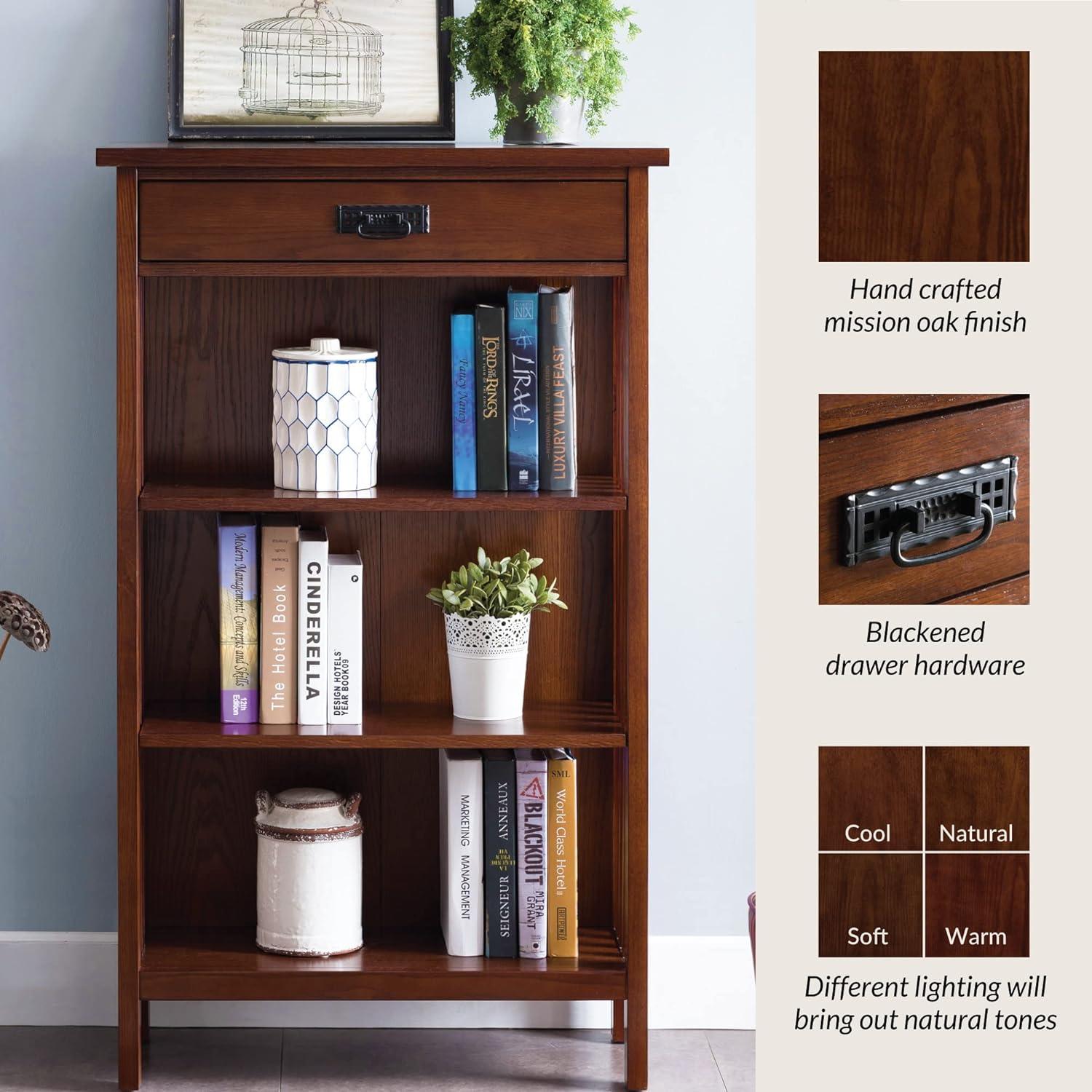 Leick Home 82262 Mission Mantel Height Bookcase with Slatted Sides and Top Drawer, Made with Solid Wood, for Living Rooms, Mission Oak Finish