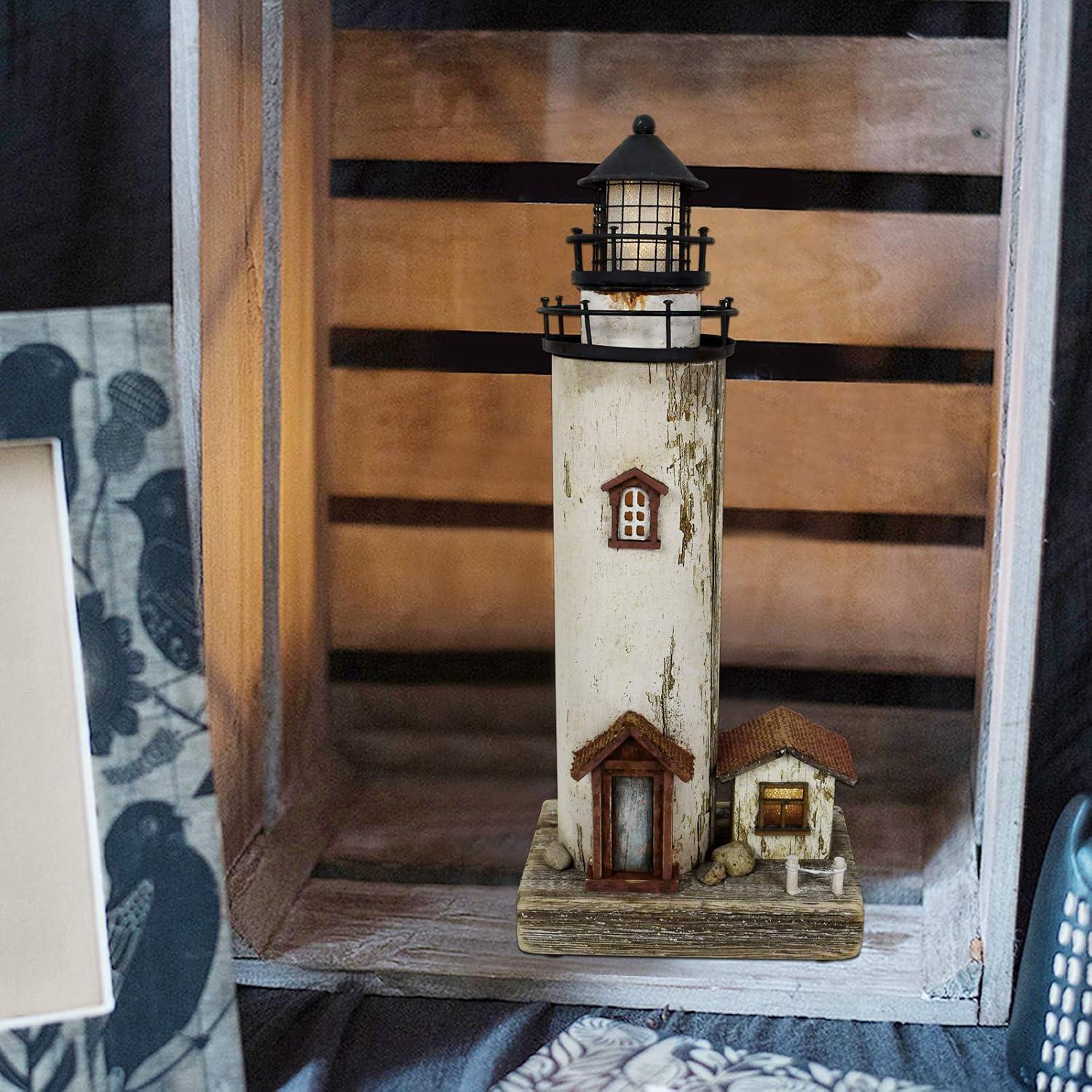 Rustic White and Brown Wooden Lighthouse Decor with LED Light