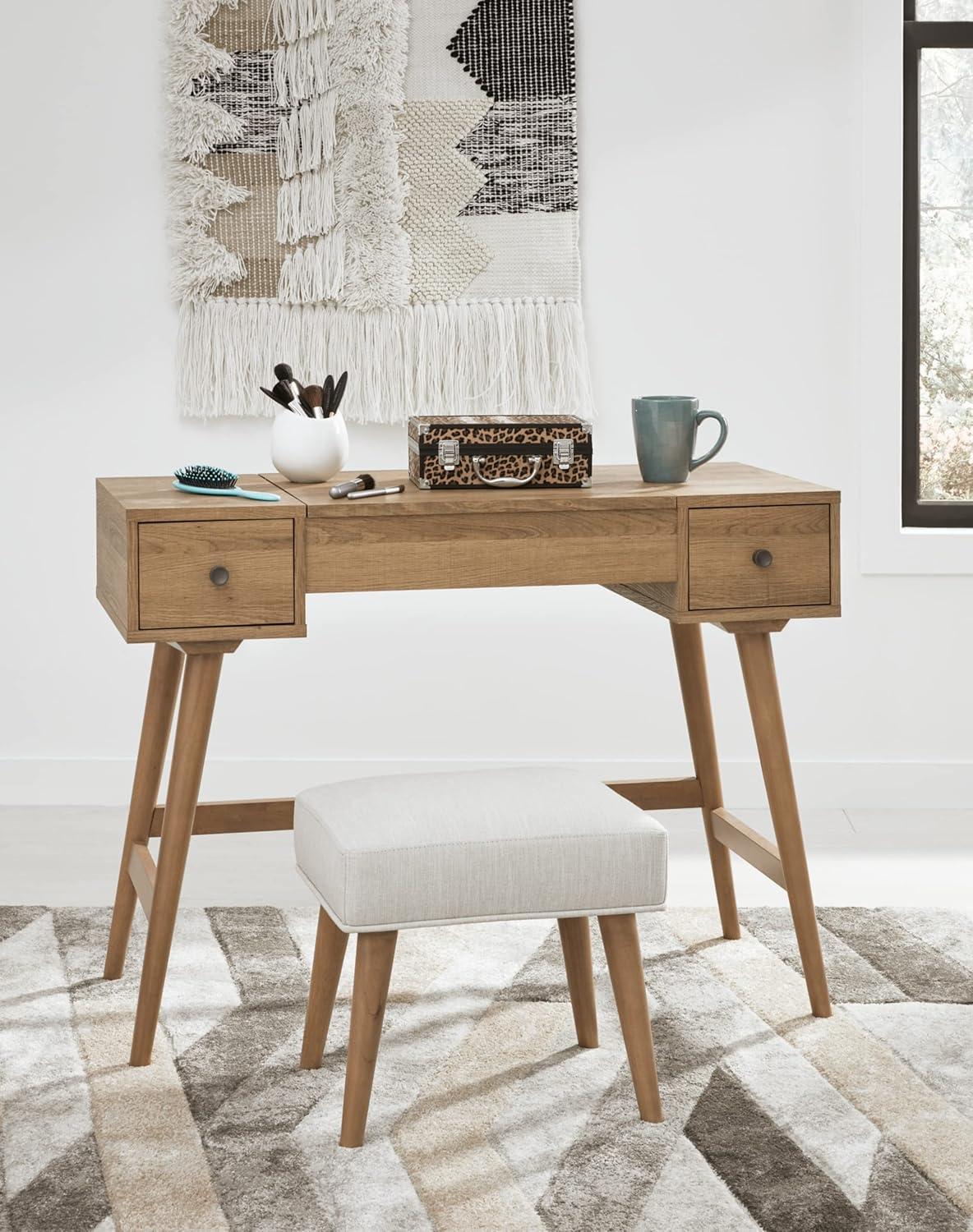 Light Brown and White 2-Drawer Vanity with Upholstered Stool