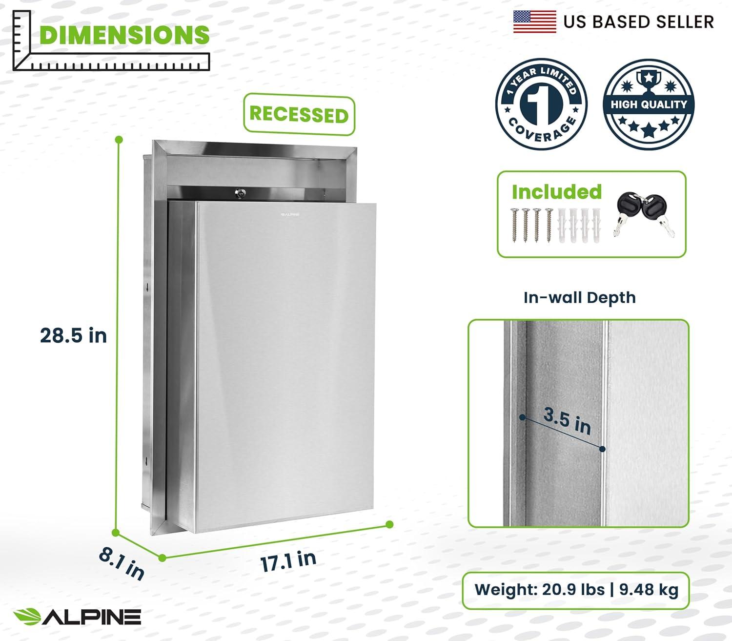 Alpine Recessed Waste Receptacle - Large 12 Gallon Brushed Finish Stainless Steel Mounted in Wall Trash Can for Commercial Bathrooms in High Traffic Areas Like Restaurant, Airport, Hotel, School