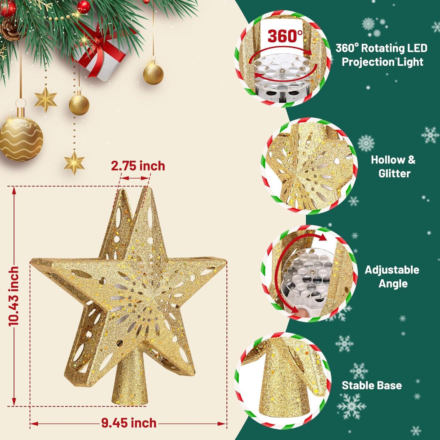 HOUFIY Christmas Tree Topper Lighted with 6 Projection Modes Star Tree Topper Built-in LED Rotating 3D Lighted Glitter Star Decorations Projector Tree Topper for Christmas Tree