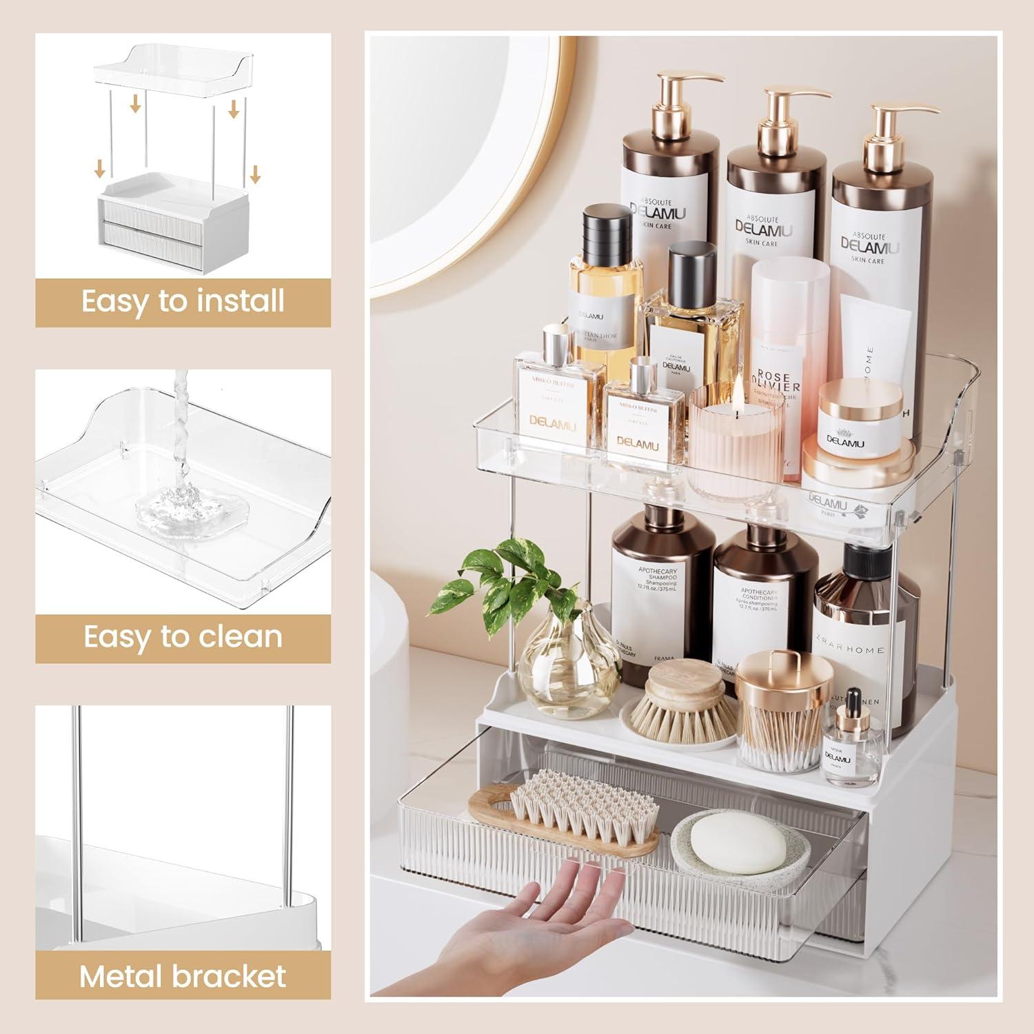 2-Tier 2-Drawer Bathroom Counter Organizer, Elegant Makeup Organizer, Easy To Install, Suitable As Bathroom Organizers And Storage, Vanity And Countertop Organizer