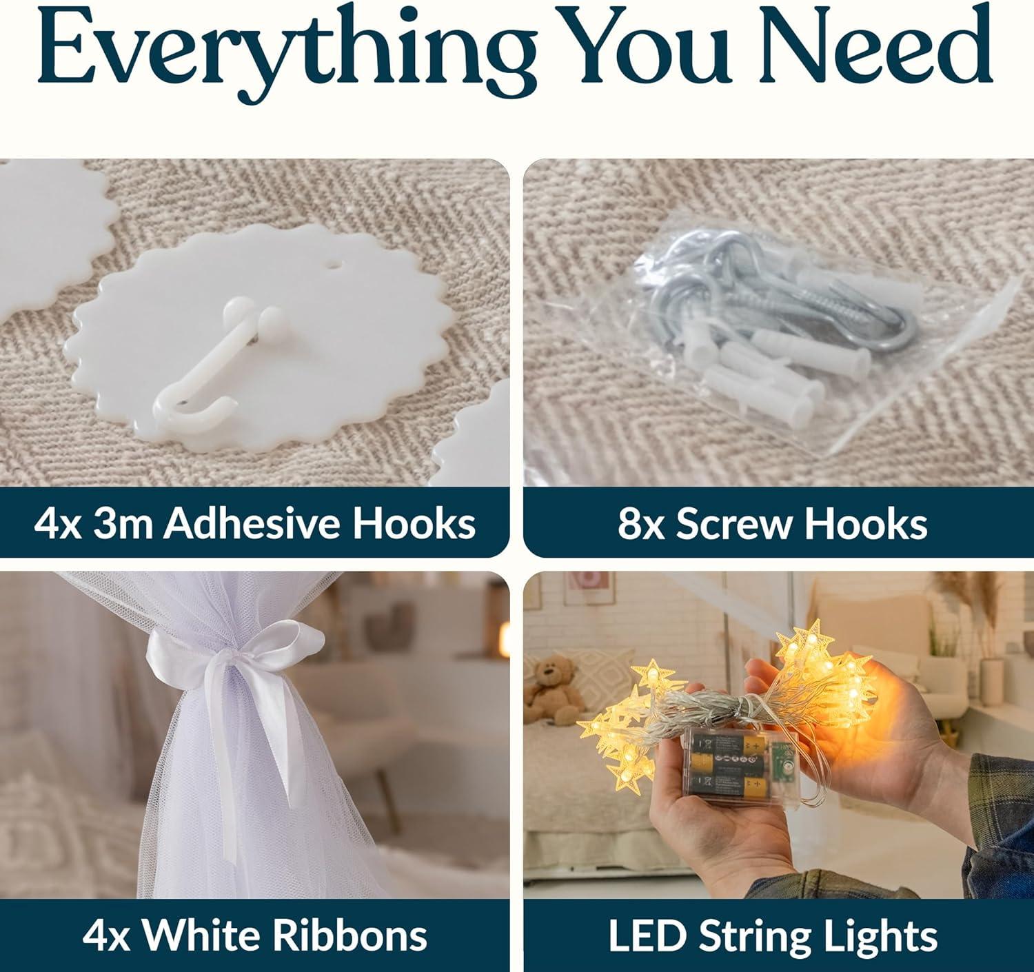 Canopy Bed Curtains with Lights, White Bed Canopy For Girls & Adults | Fits Single, Full, Double, Queen | Bed Curtains From Ceiling Or Bed Frame, Bed Curtains, Bed Canopies & Drapes, Princess Bed