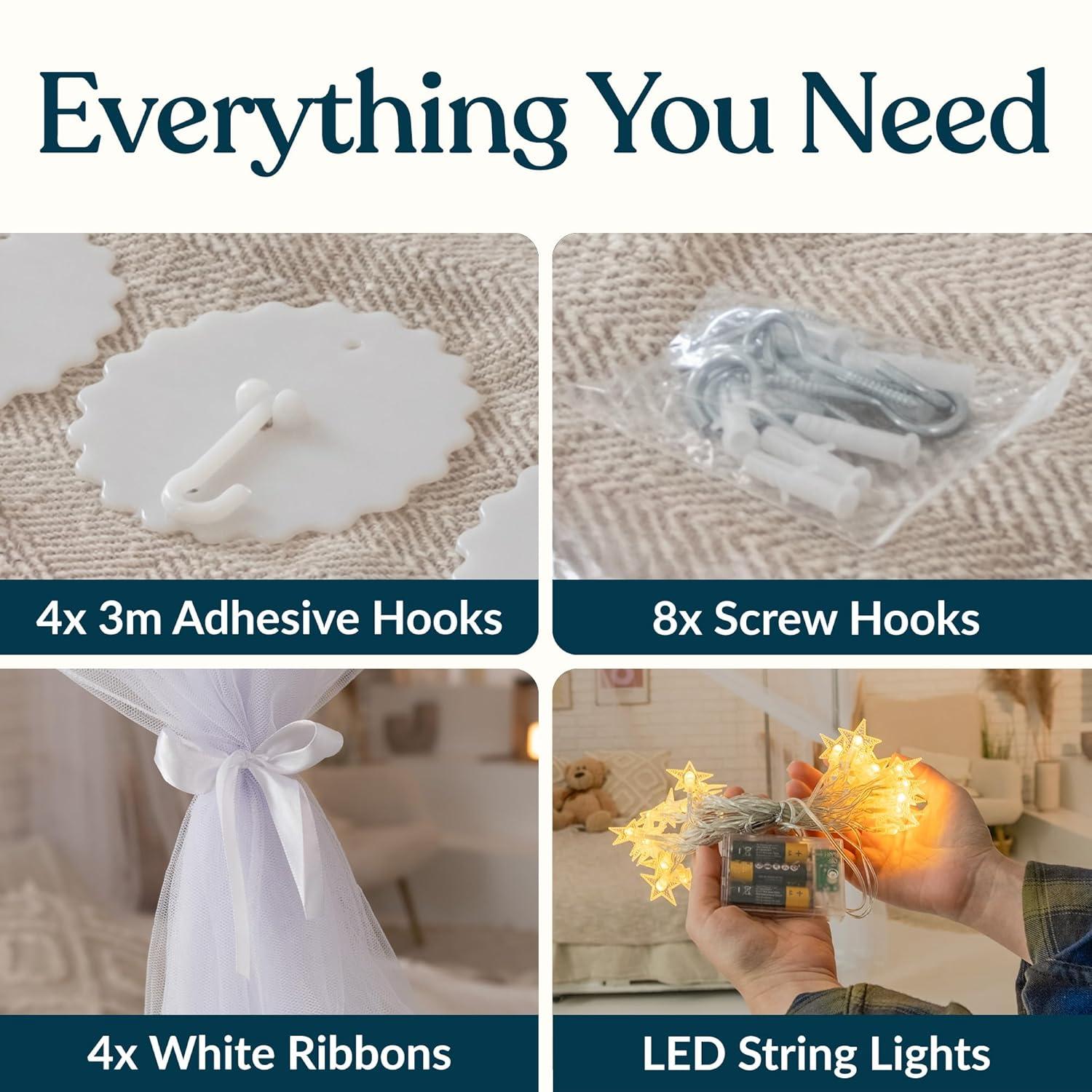 Canopy Bed Curtains with Lights, White Bed Canopy For Girls & Adults | Fits Single, Full, Double, Queen | Bed Curtains From Ceiling Or Bed Frame, Bed Curtains, Bed Canopies & Drapes, Princess Bed