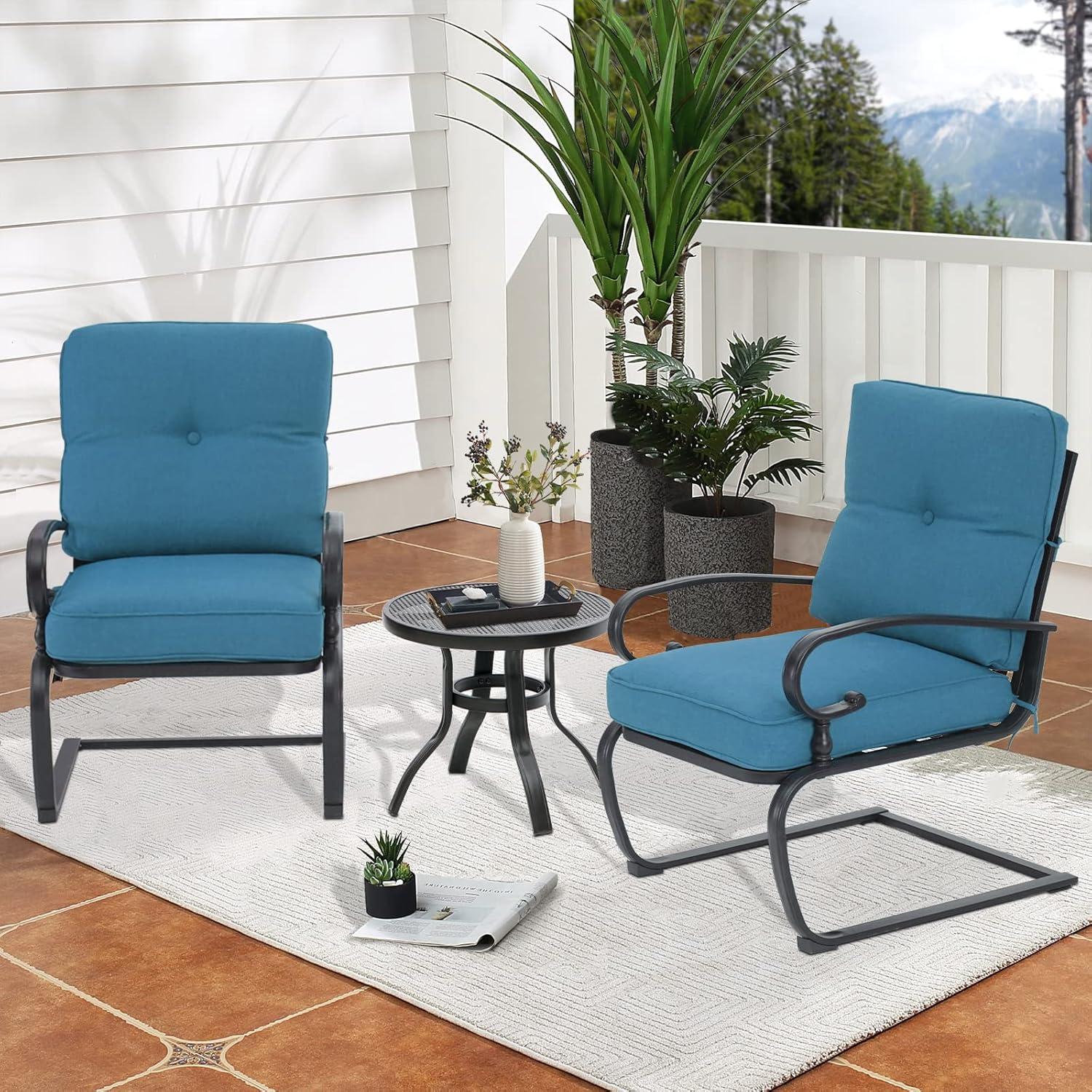 SUNCROWN 3-Piece Patio Furniture Outdoor Bistro Set Spring Metal Chairs and Round Bistro Table, Blue