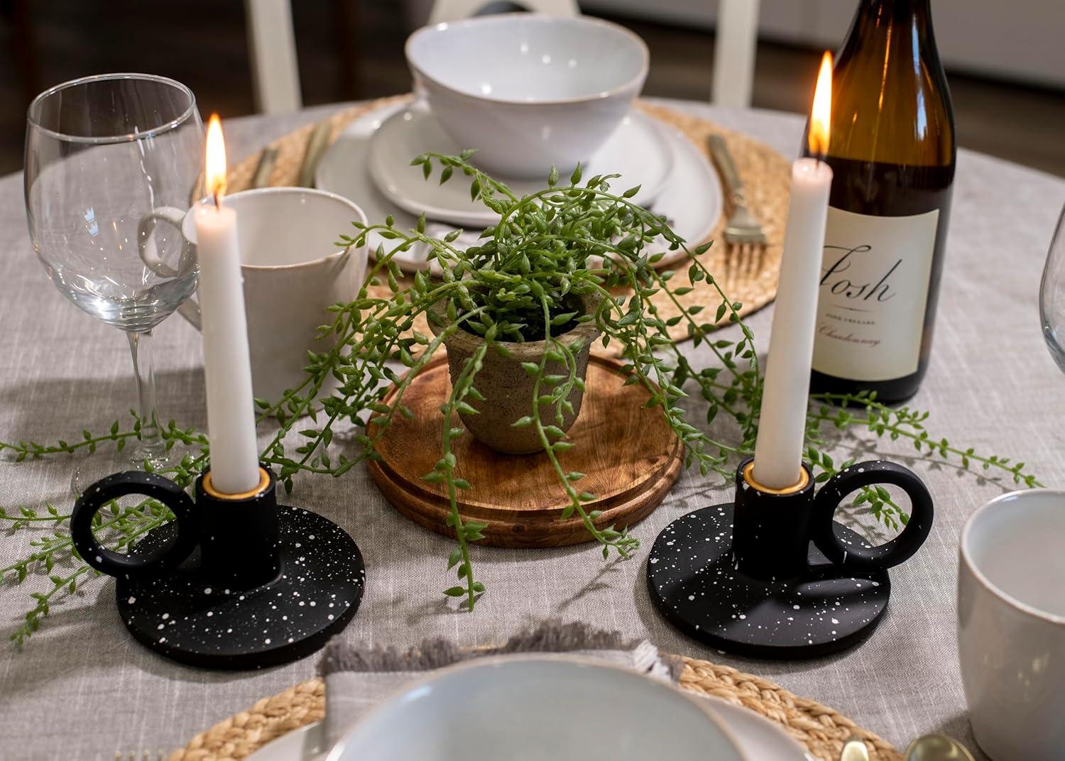 Elanze Designs Ribbed Ceramic , Mantle Decorations, Dining Table Centerpiece, Artisan, Candlestick Holder for Tapered Candles, Pack of 2, Black