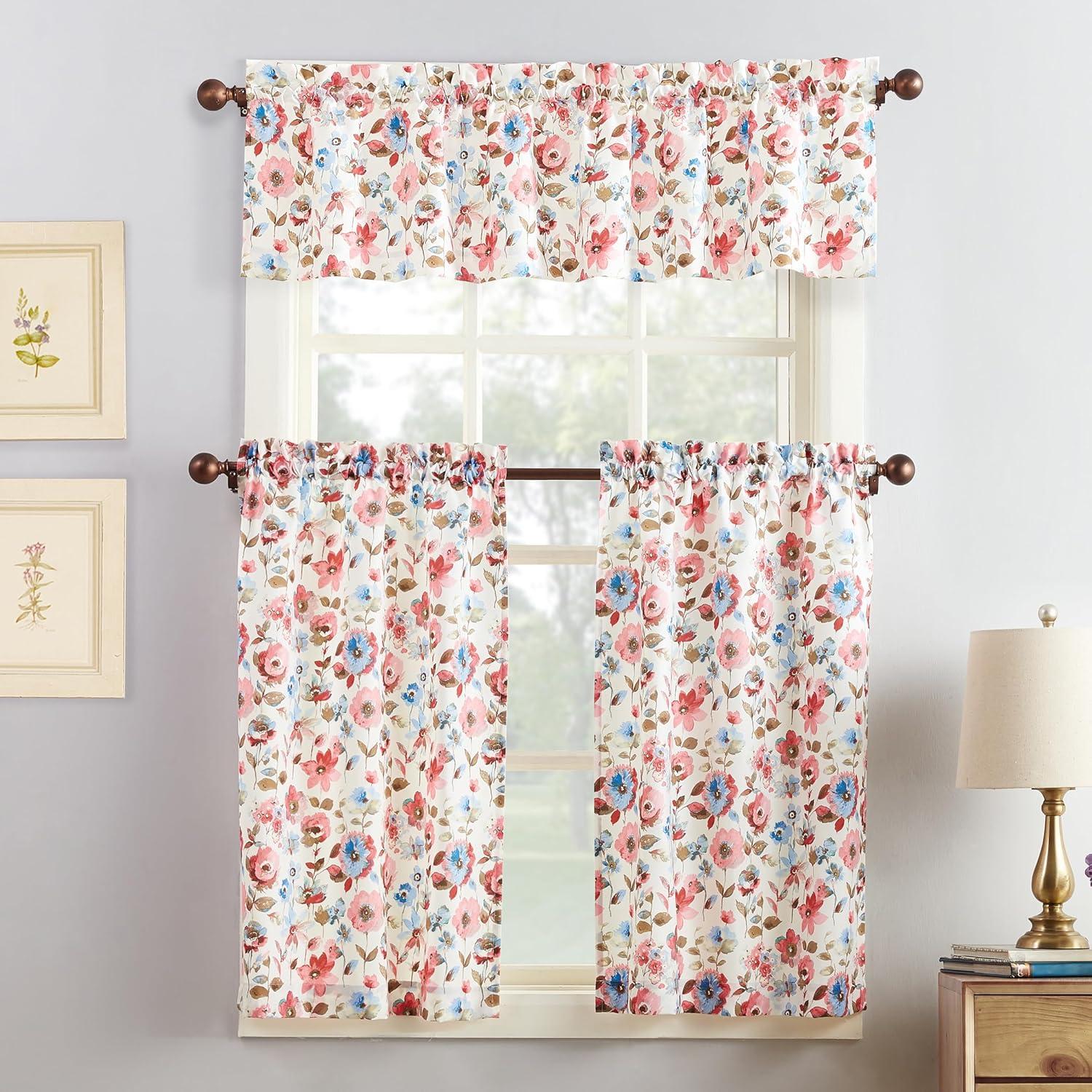 54"x36" No. 918 Sheer Dora Floral Rod Pocket Kitchen Curtain Panel Set Coral: Light Filtering, Polyester, Indoor Use