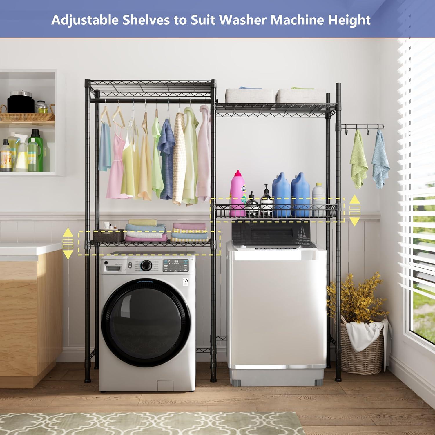 Black Adjustable 4-Tier Laundry Room Storage Rack with Hanger Rod