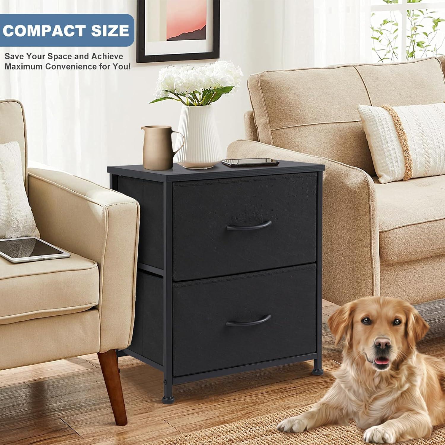 DUMOS Nightstand Set of 2, Small Dresser with 2 Fabric Drawers Side Bedroom End Table Kids Bedside Storage Furniture for 25 inch Tall Night Stand for Closet, Entryway, College Dorm, Classic Black