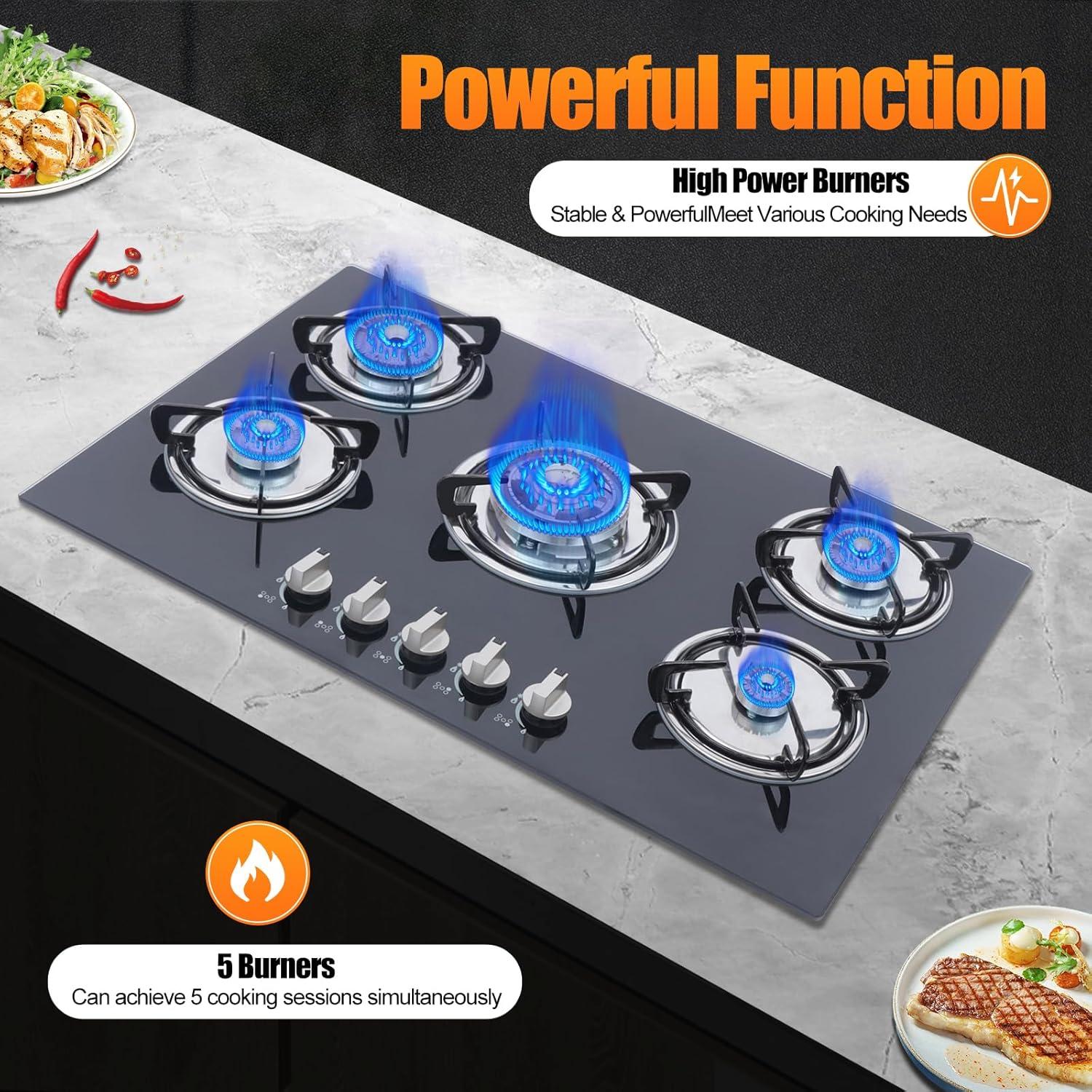 30"  Gas Stove Cooktop, 5 Burners Built-in Tempered Glass LPG/NG Stove with Flameout Protection for Kitchen Black