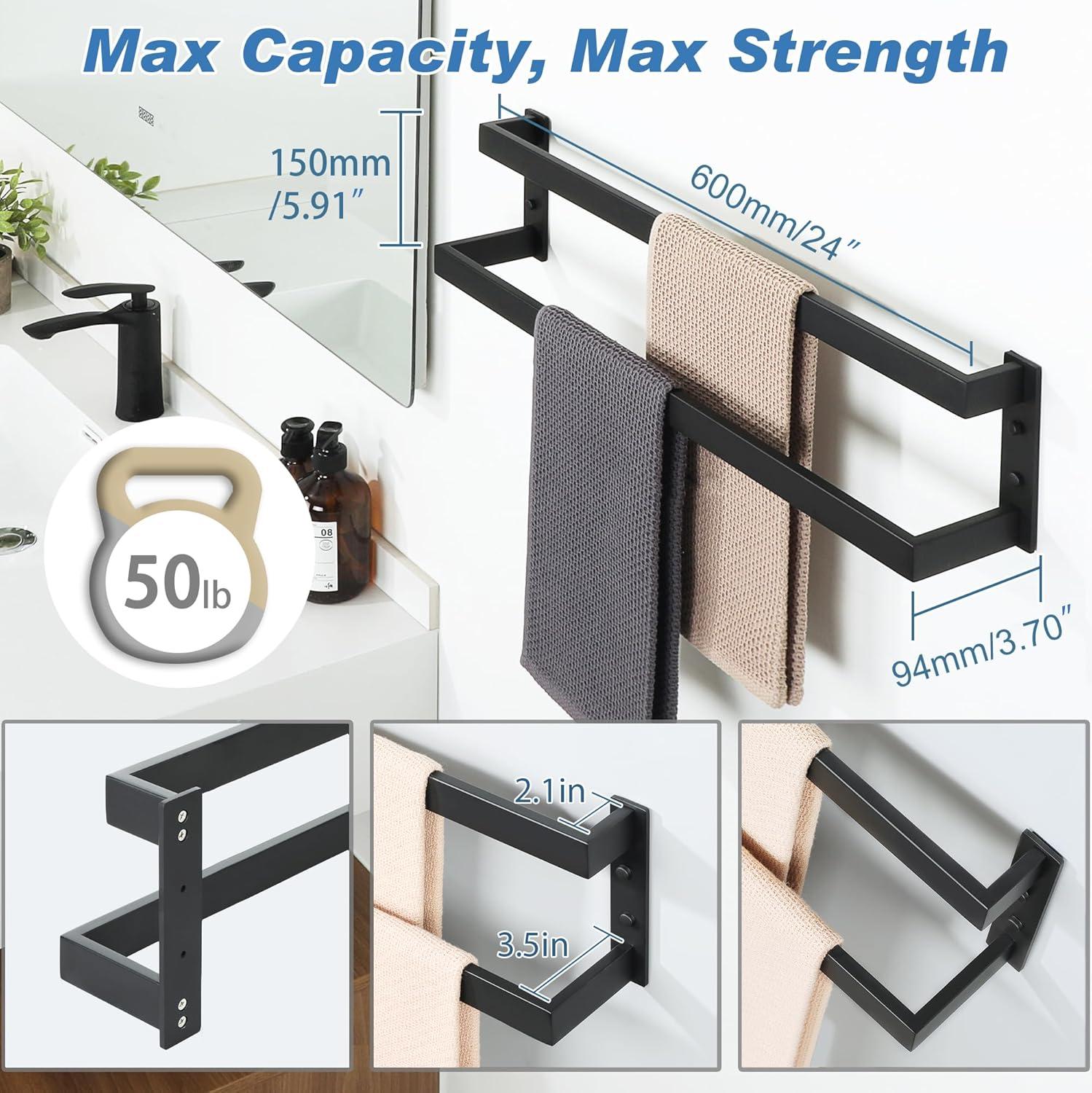 Double Towel Bar 24", SUS304 Stainless Steel Towel Racks For Bathroom Wall Mounted, Heavy Duty Bathroom Towel Holder, Space Saving Towel Hanger